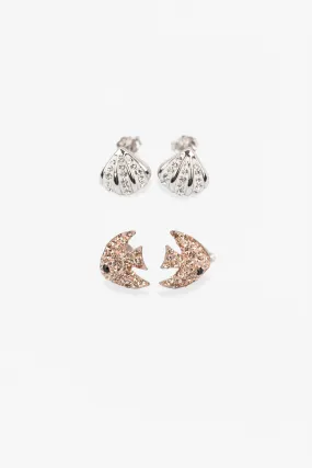 Sea Life Coral Fish and Clam Seashell Crystal Sterling Silver Earrings Two Pair Set