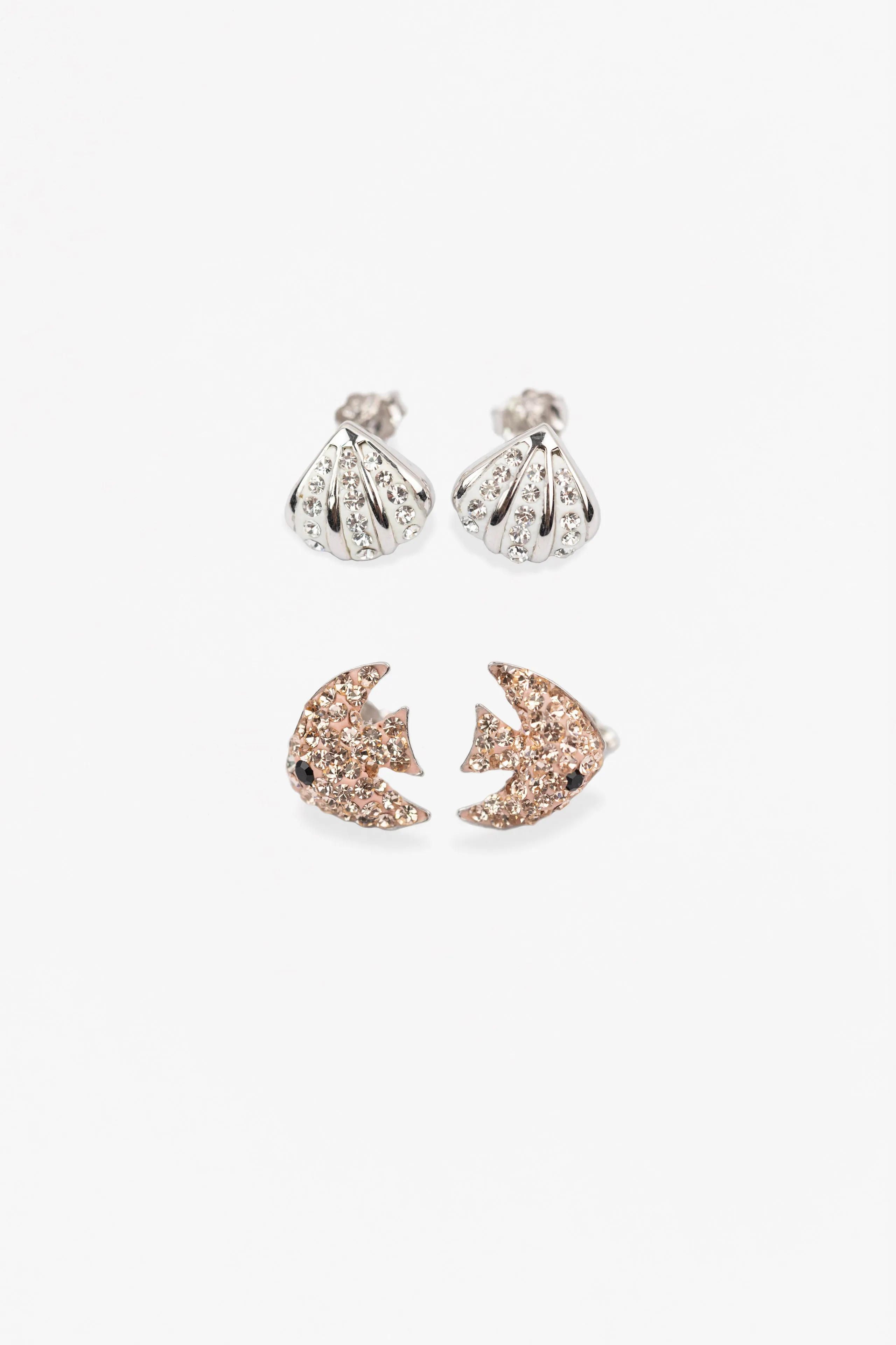 Sea Life Coral Fish and Clam Seashell Crystal Sterling Silver Earrings Two Pair Set