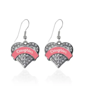 Silver Coral Daughter Pave Heart Charm Dangle Earrings