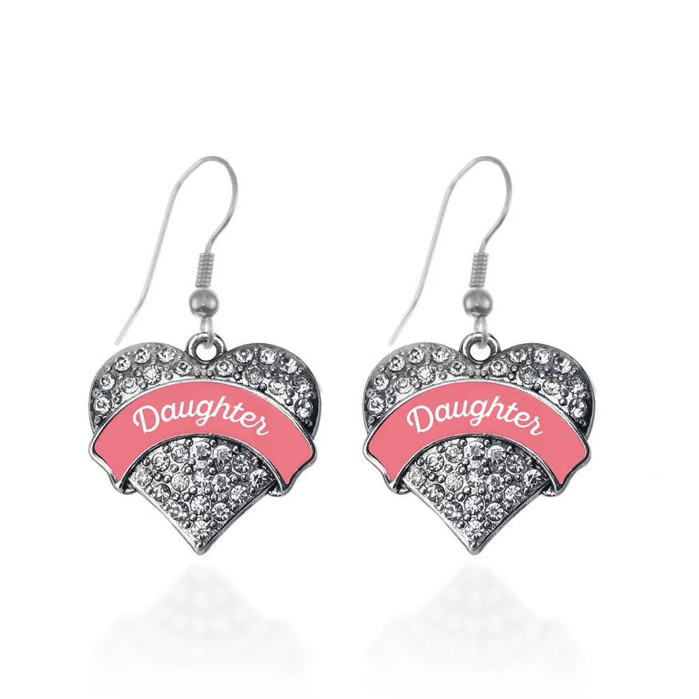Silver Coral Daughter Pave Heart Charm Dangle Earrings