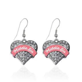 Silver Coral Middle Sister Pave Heart Charm Dangle Earrings