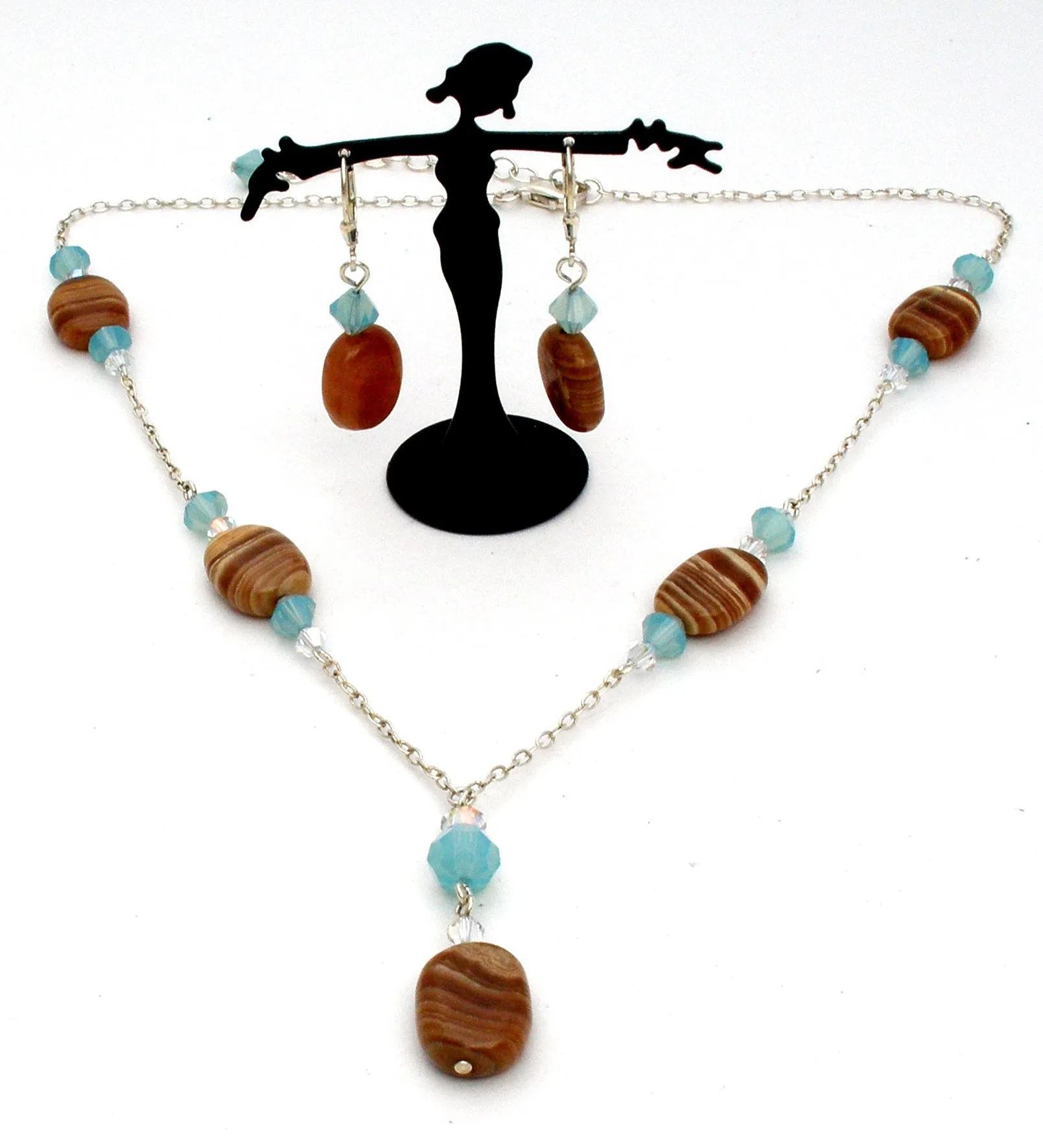 Sterling Silver Banded Agate Lavalier Necklace Set