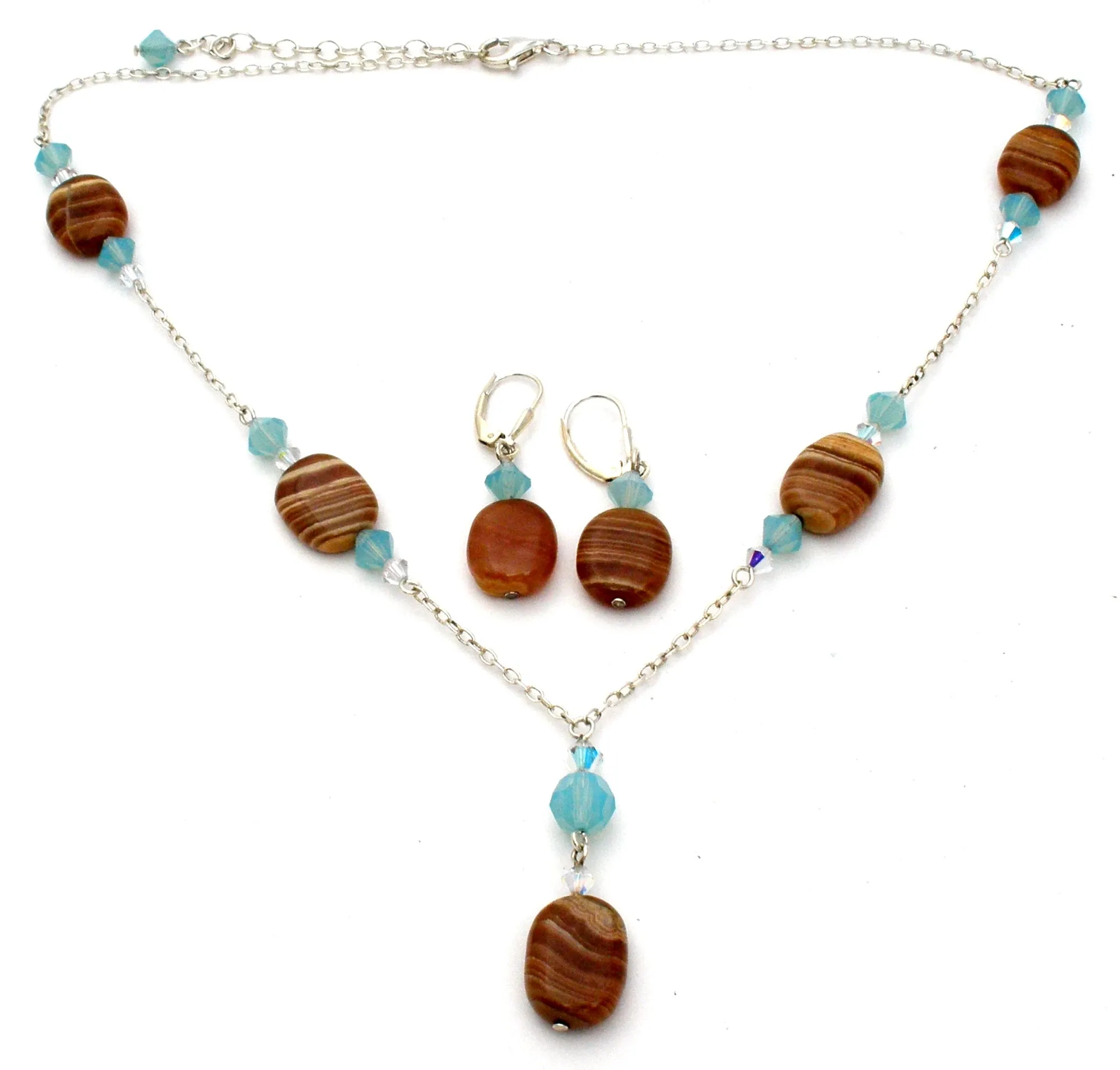 Sterling Silver Banded Agate Lavalier Necklace Set