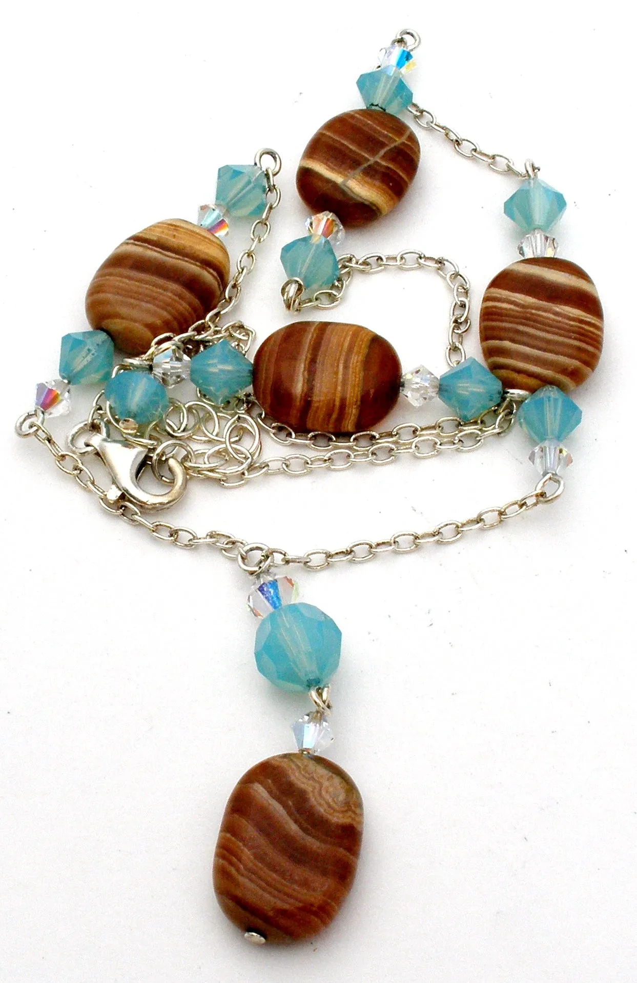 Sterling Silver Banded Agate Lavalier Necklace Set