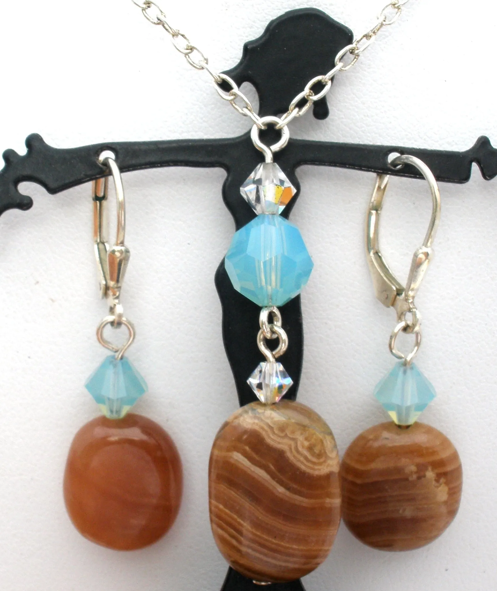 Sterling Silver Banded Agate Lavalier Necklace Set