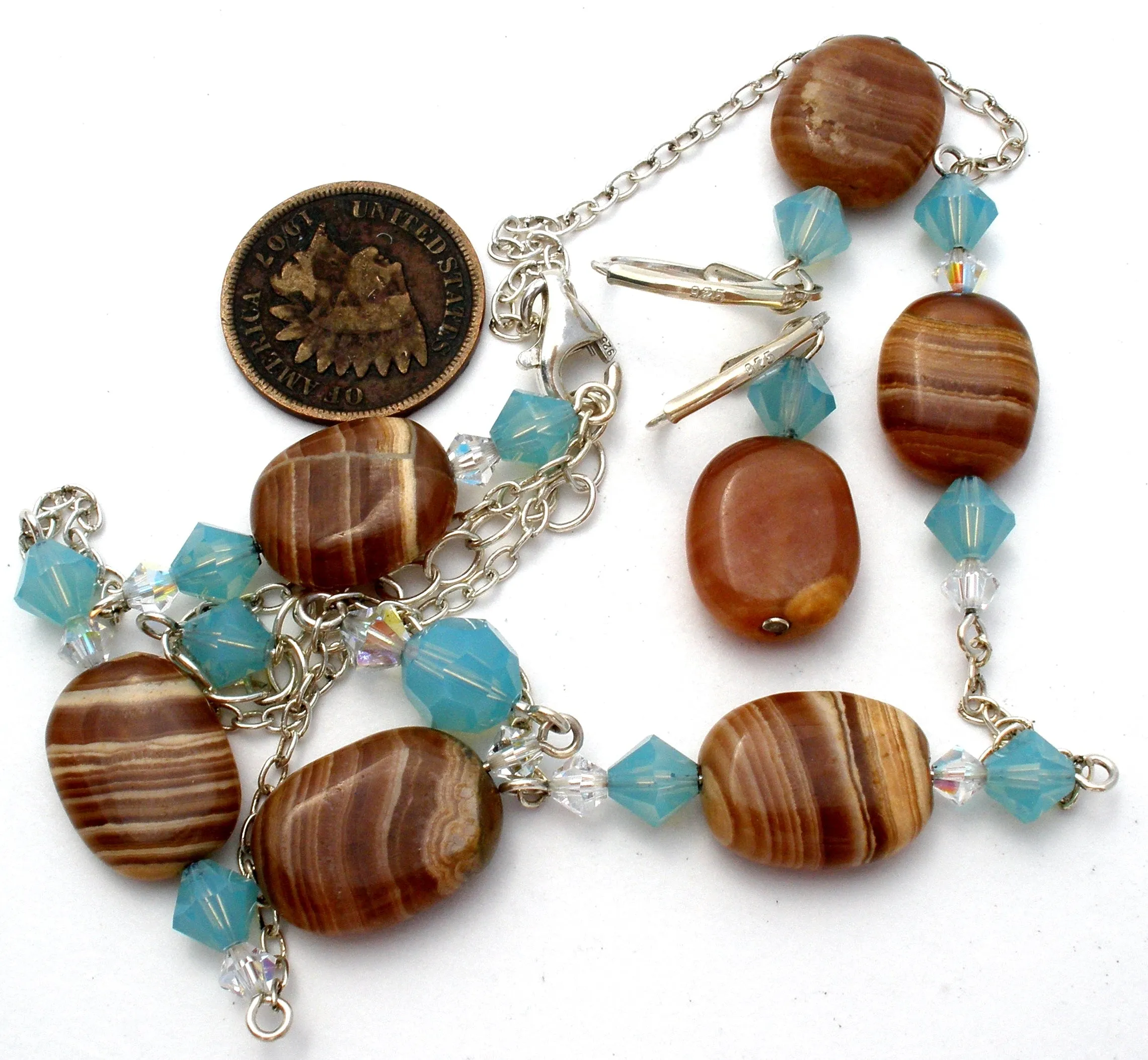 Sterling Silver Banded Agate Lavalier Necklace Set