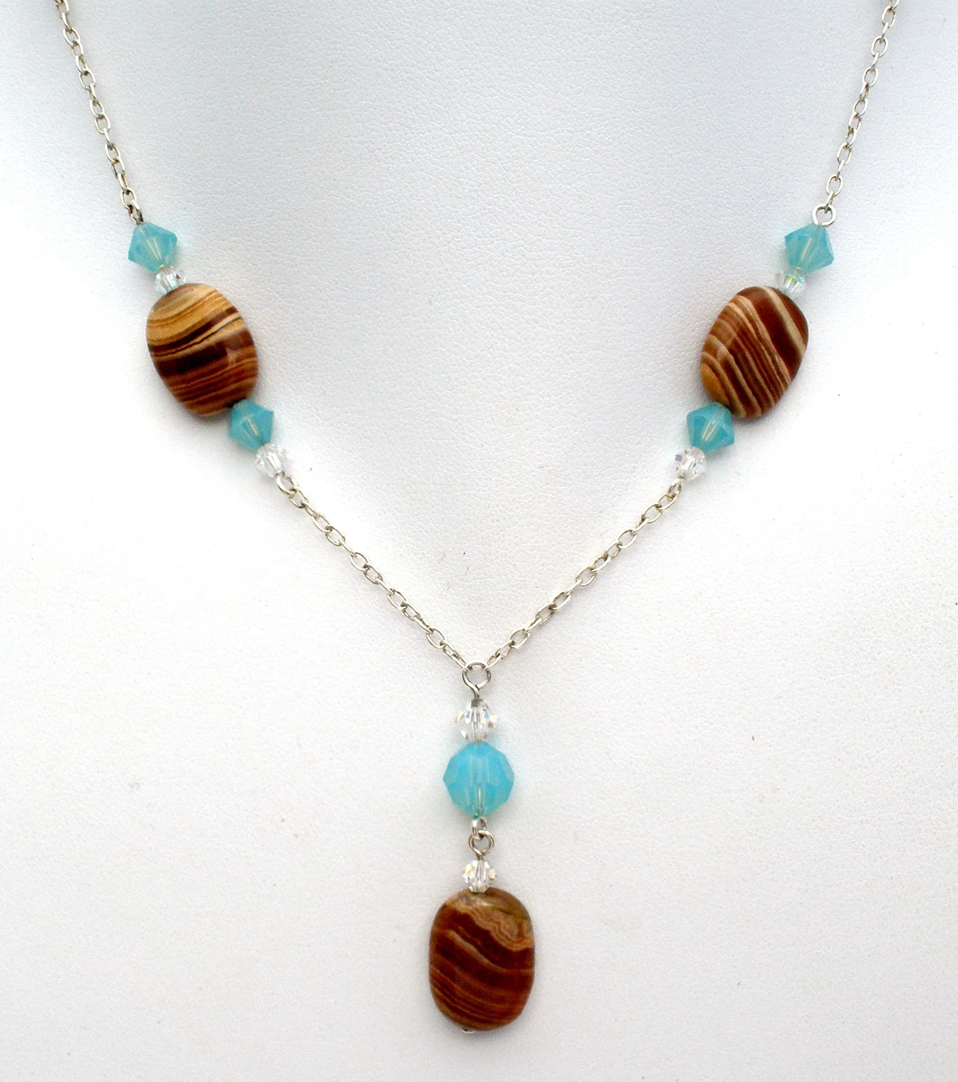 Sterling Silver Banded Agate Lavalier Necklace Set