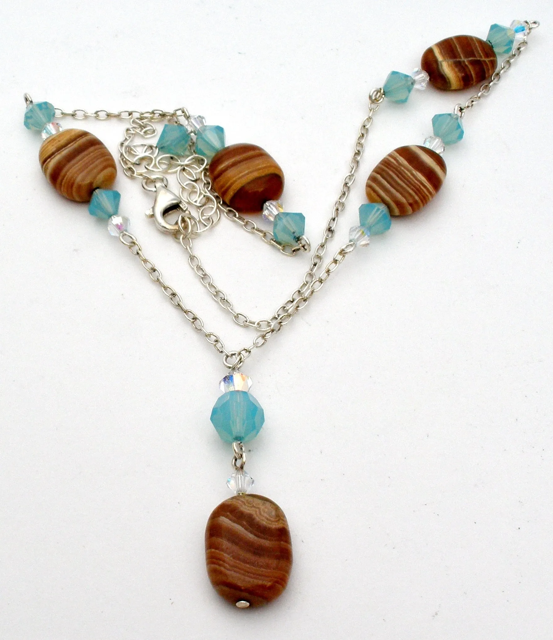 Sterling Silver Banded Agate Lavalier Necklace Set