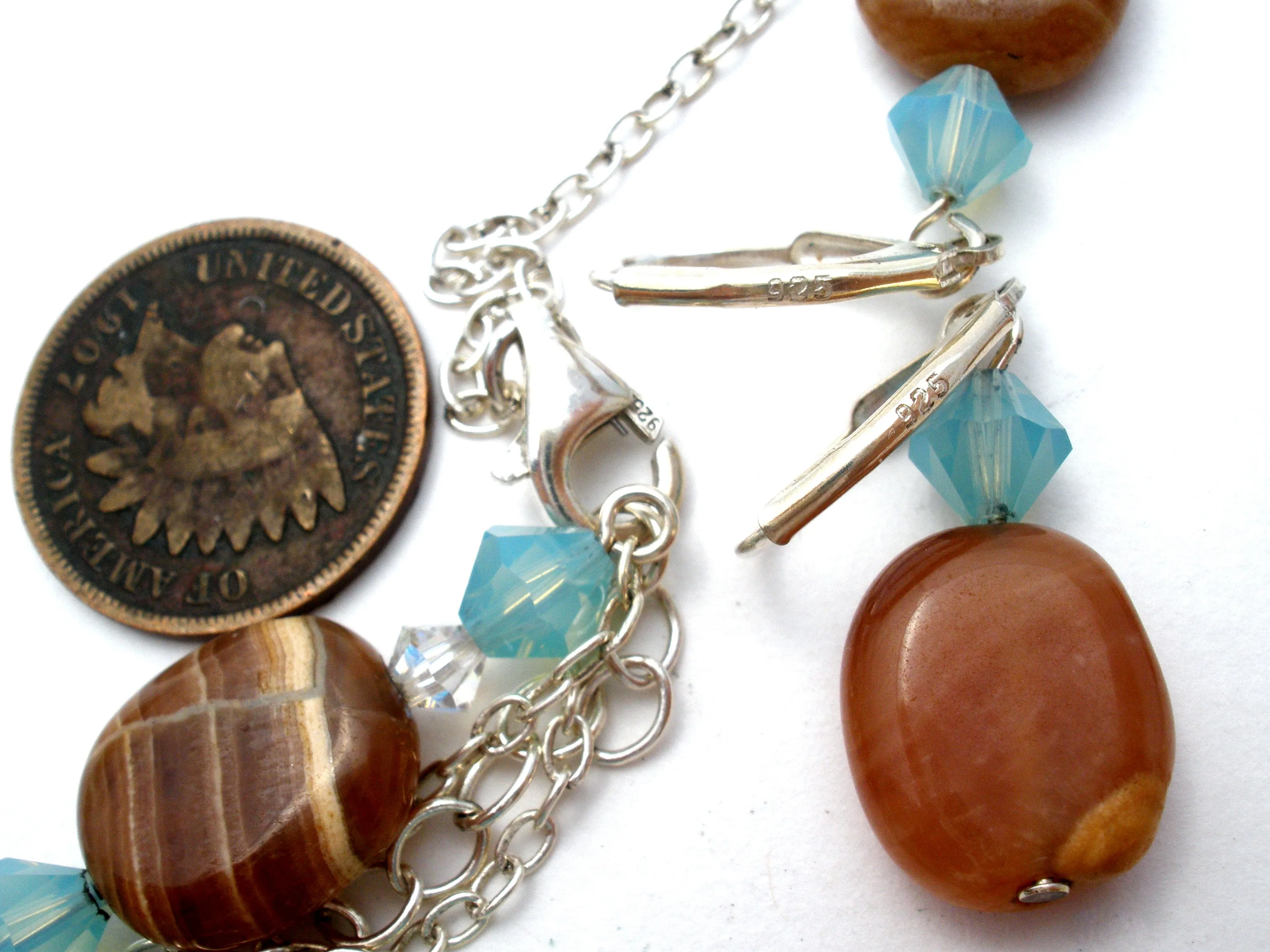Sterling Silver Banded Agate Lavalier Necklace Set