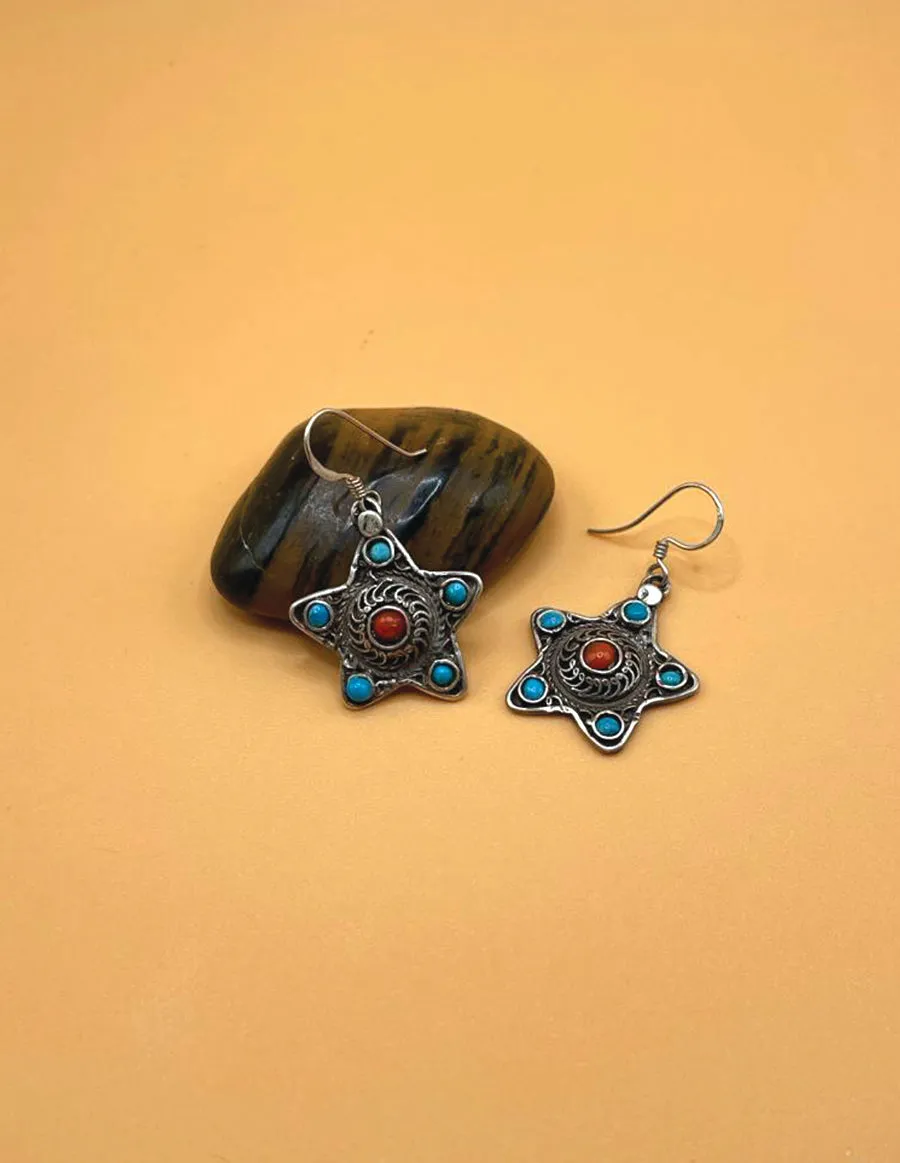 Sterling Sliver Tibetan Turquoise and Coral Star Earrings