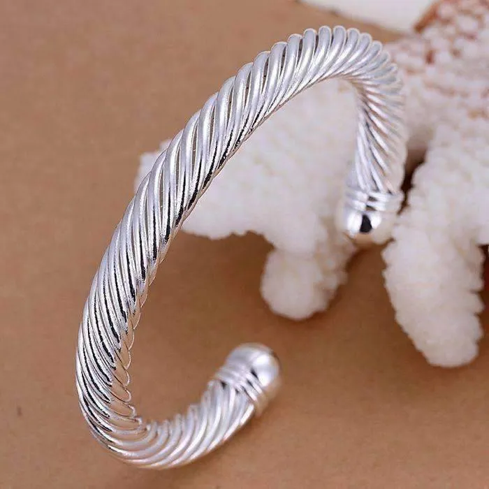 Swirling Silver Bold Bangle 7mm Cuff Bracelet For Woman