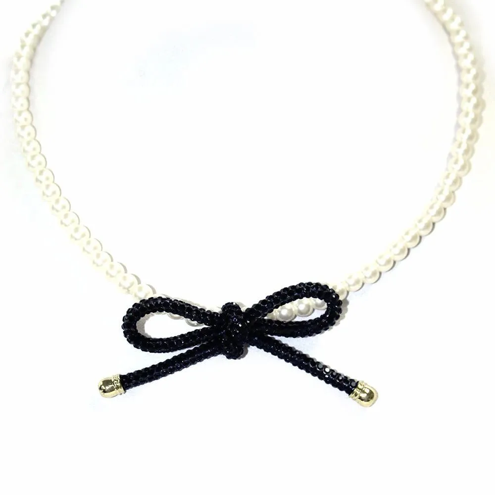 TN9215 Rhinestone Ribbon Pearl Strand Necklace