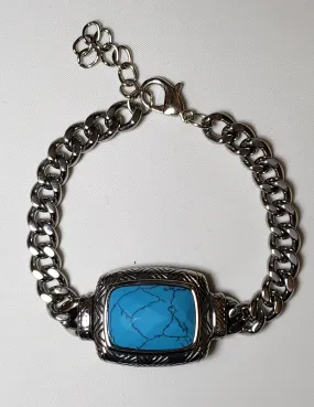 Turquoise Dyed Howlite (20 ctw) in Hand Faceted Black Oxidized Stainless Steel Bracelet, with 316 Chain and Lobster Claw Clasp. Adjustable 8.5"-9.5"