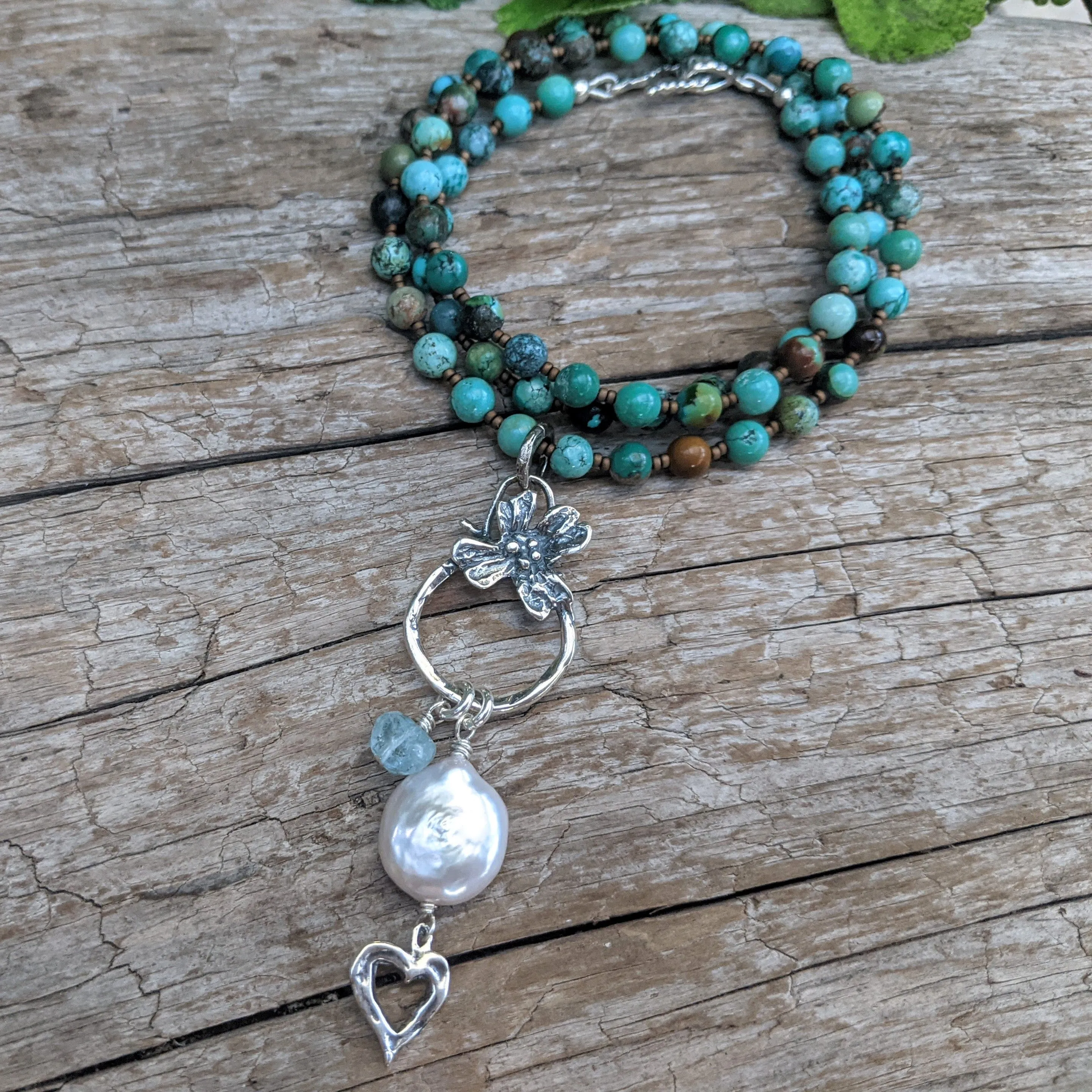 Turquoise Necklace & Pearl  Flower Pendant
