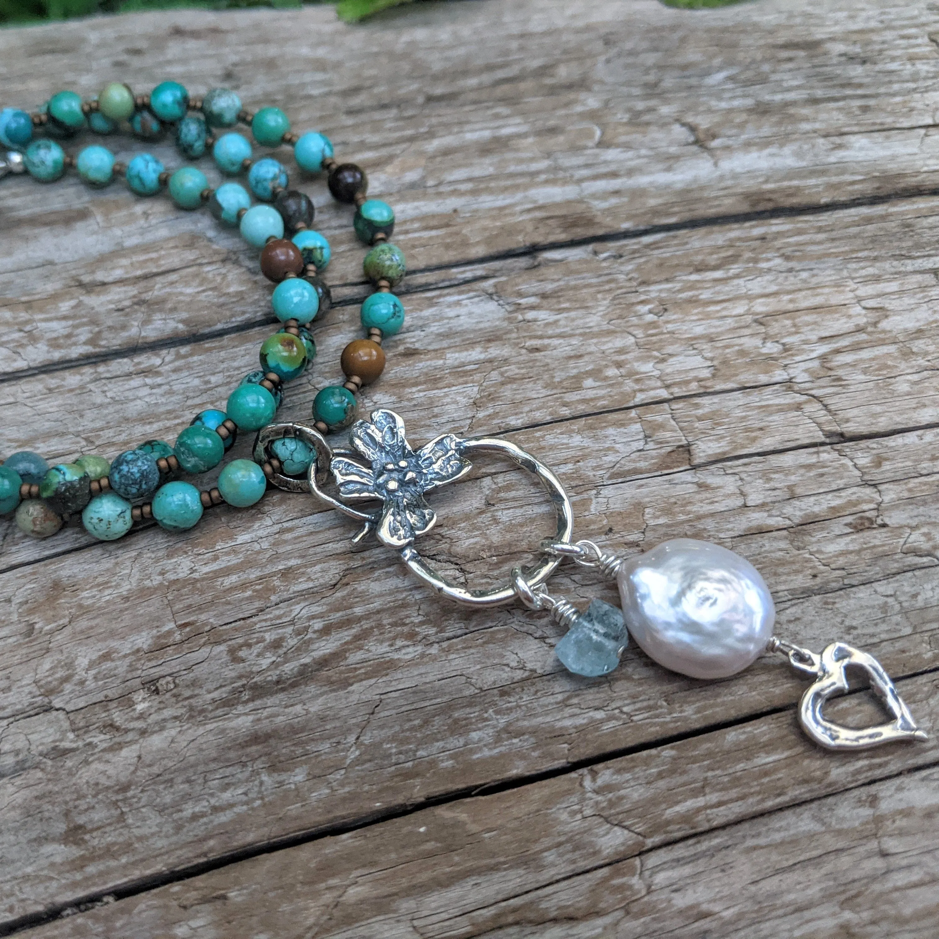 Turquoise Necklace & Pearl  Flower Pendant