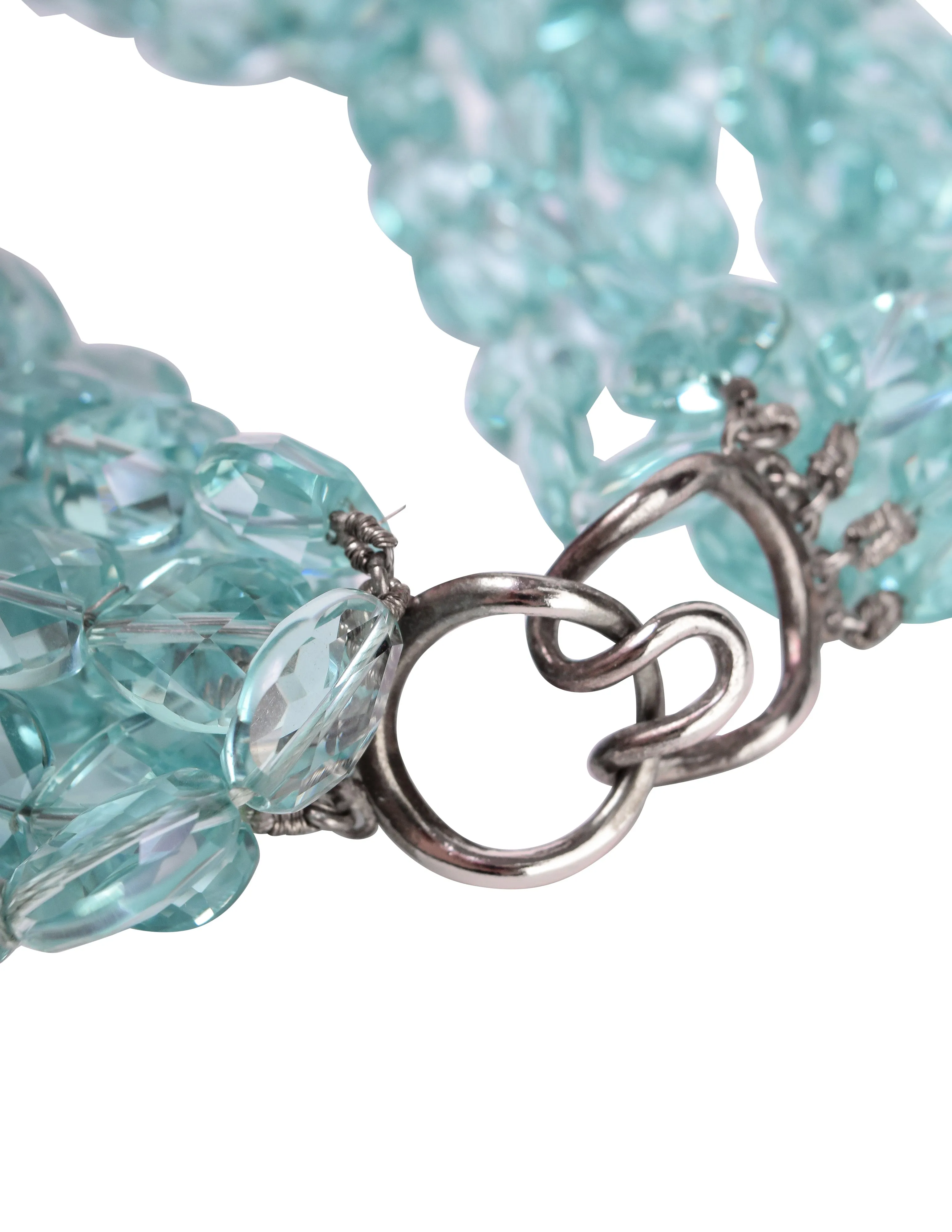 Vintage 1980s Incredible Faceted Aquamarine Heart Crystal Seven Row Necklace