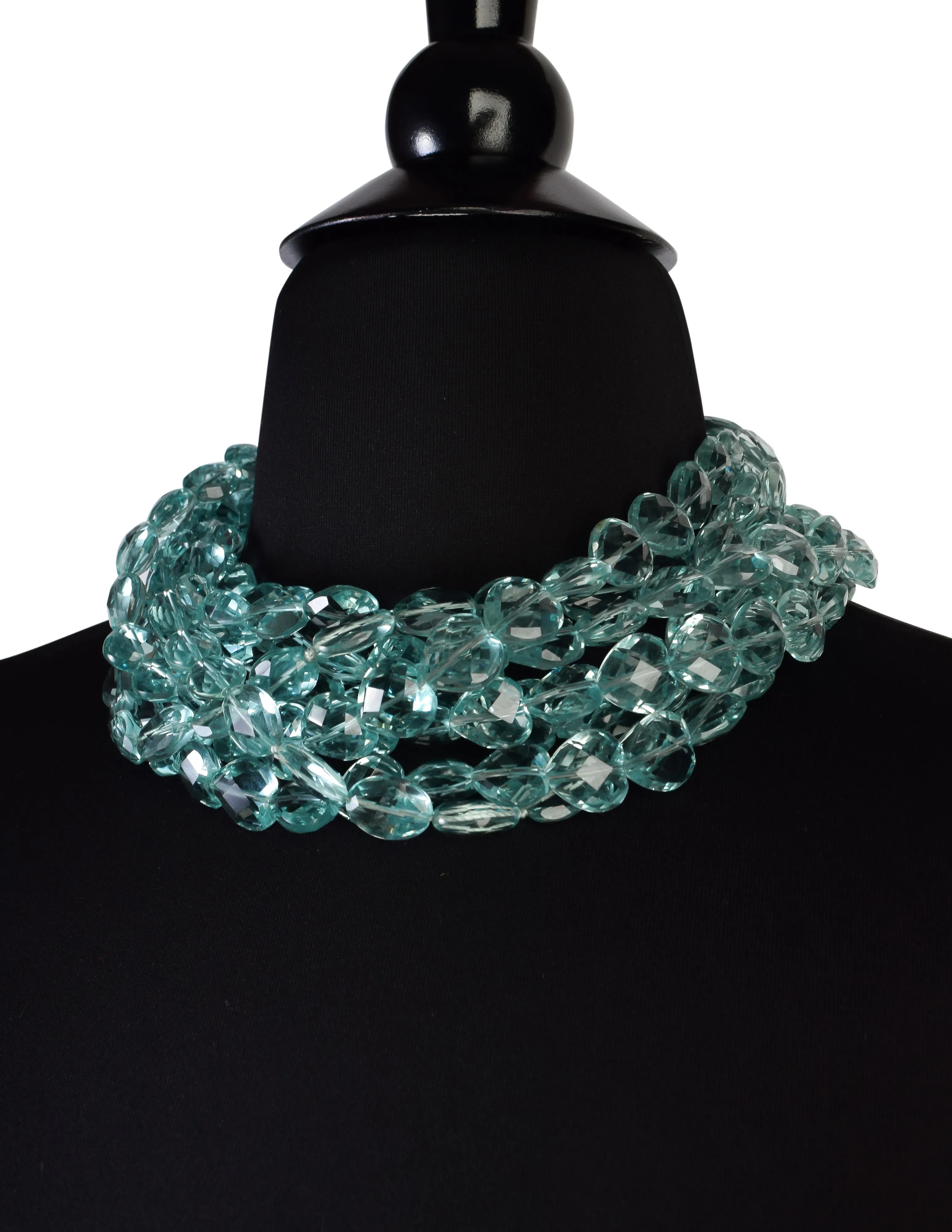 Vintage 1980s Incredible Faceted Aquamarine Heart Crystal Seven Row Necklace