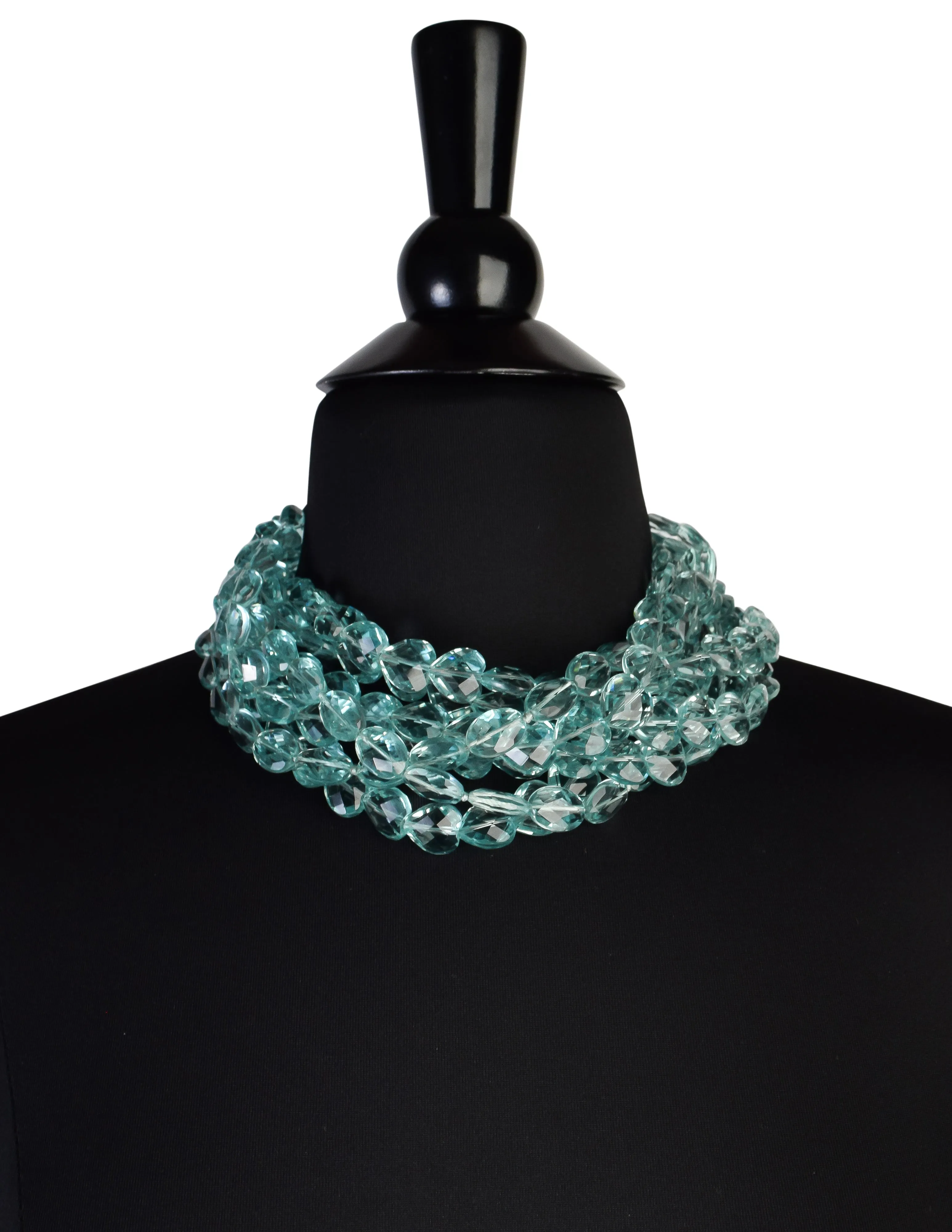 Vintage 1980s Incredible Faceted Aquamarine Heart Crystal Seven Row Necklace