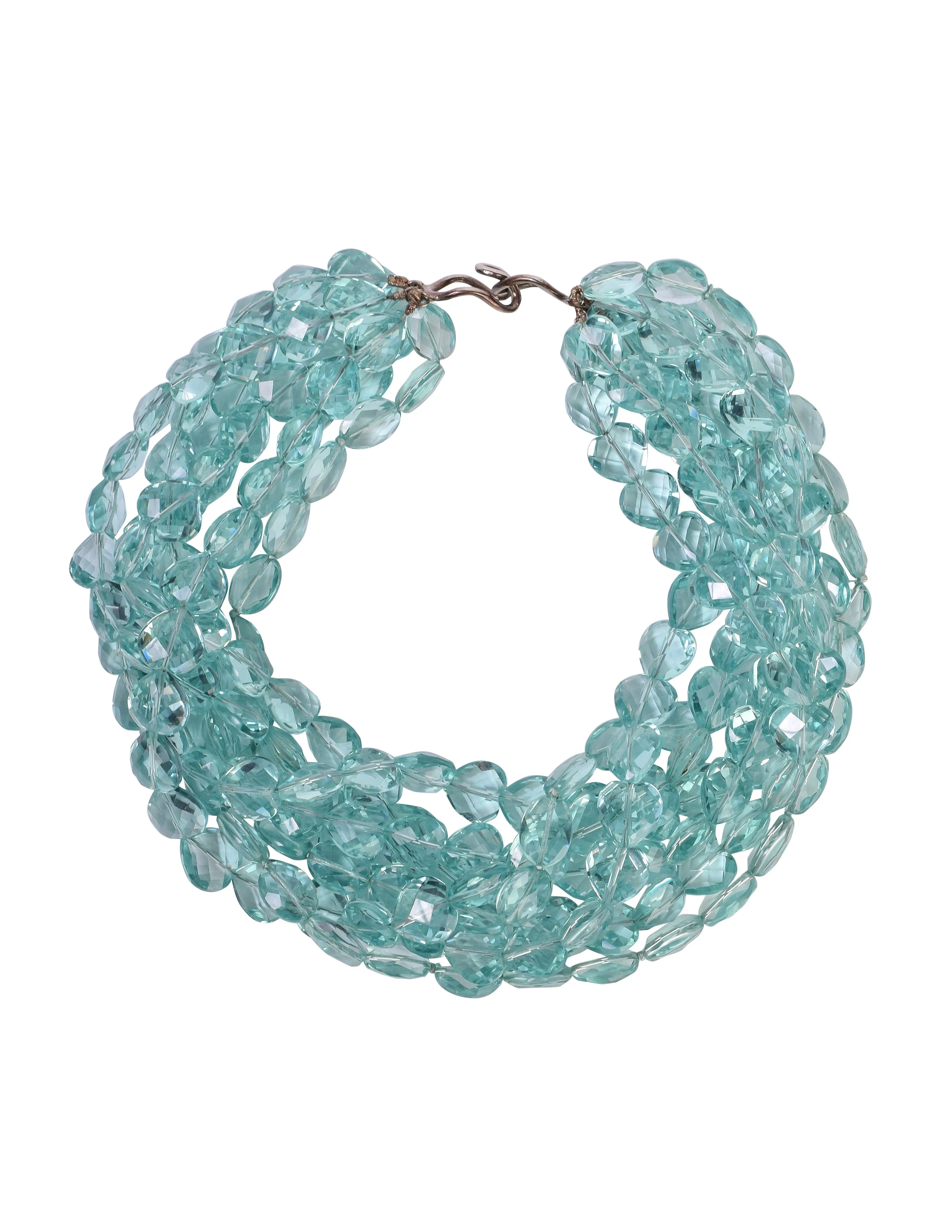 Vintage 1980s Incredible Faceted Aquamarine Heart Crystal Seven Row Necklace