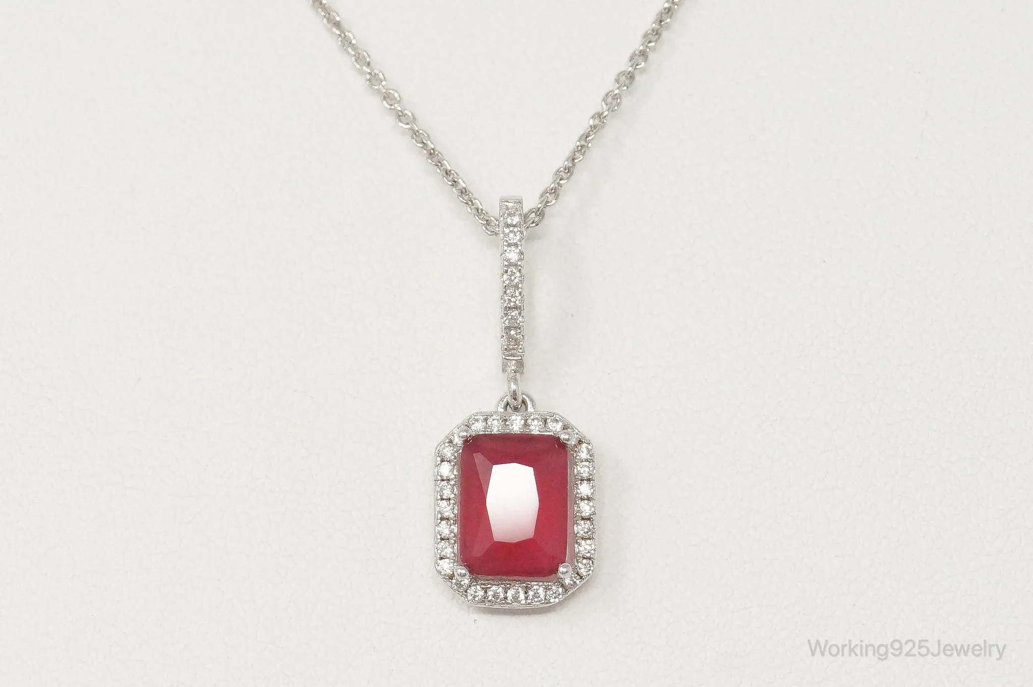 Vintage Art Deco Ruby Cubic Zirconia Sterling Silver Necklace