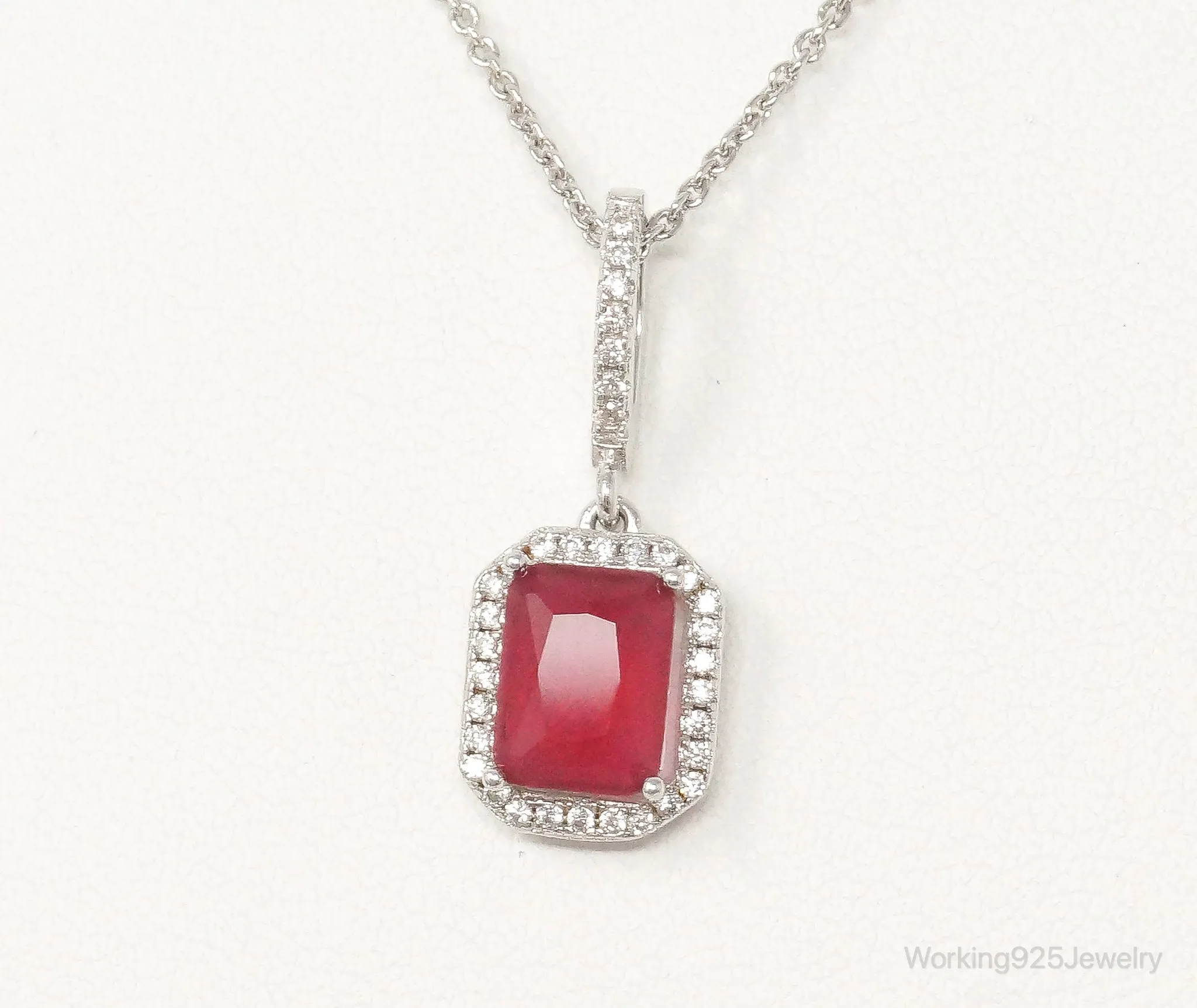 Vintage Art Deco Ruby Cubic Zirconia Sterling Silver Necklace