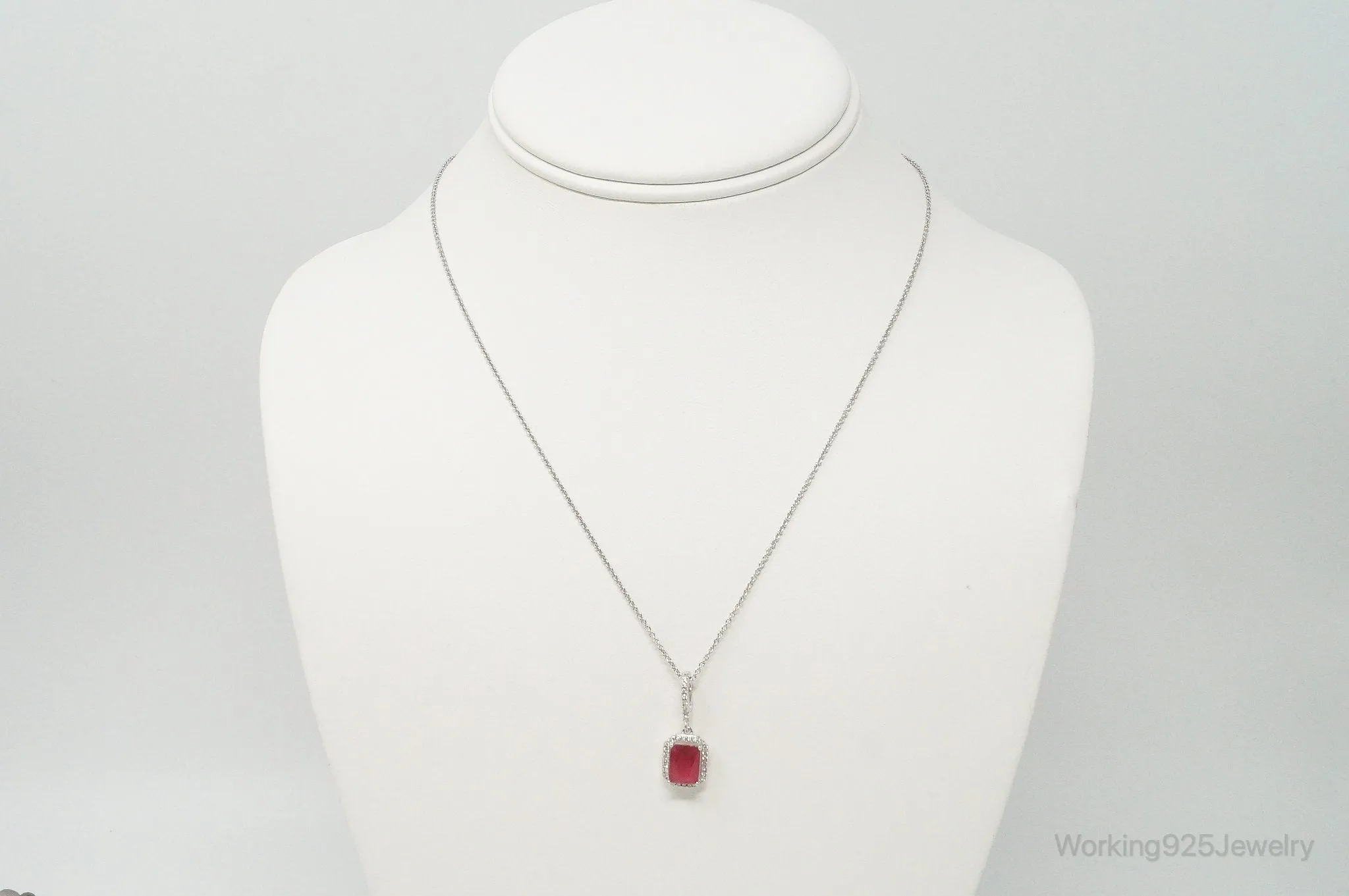 Vintage Art Deco Ruby Cubic Zirconia Sterling Silver Necklace
