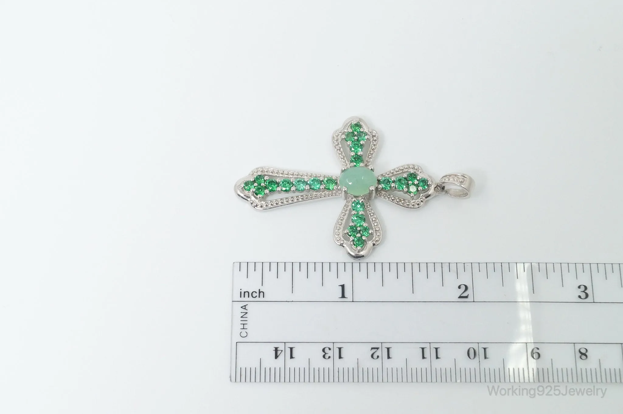 Vintage Green Chalcedony Green Cubic Zirconia Cross Sterling Silver Pendant