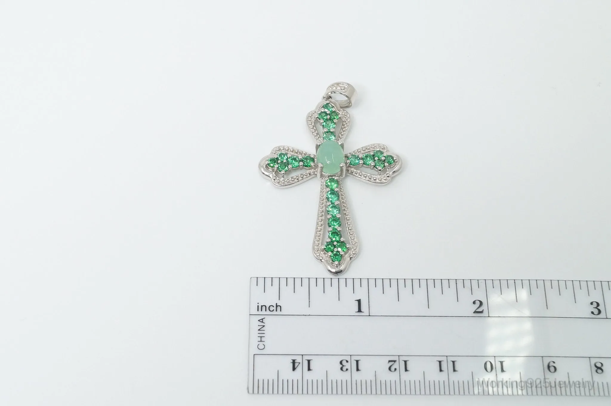 Vintage Green Chalcedony Green Cubic Zirconia Cross Sterling Silver Pendant