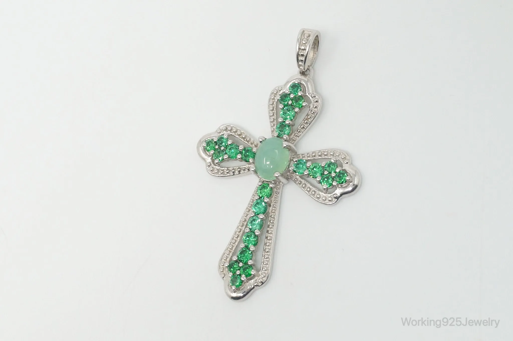 Vintage Green Chalcedony Green Cubic Zirconia Cross Sterling Silver Pendant