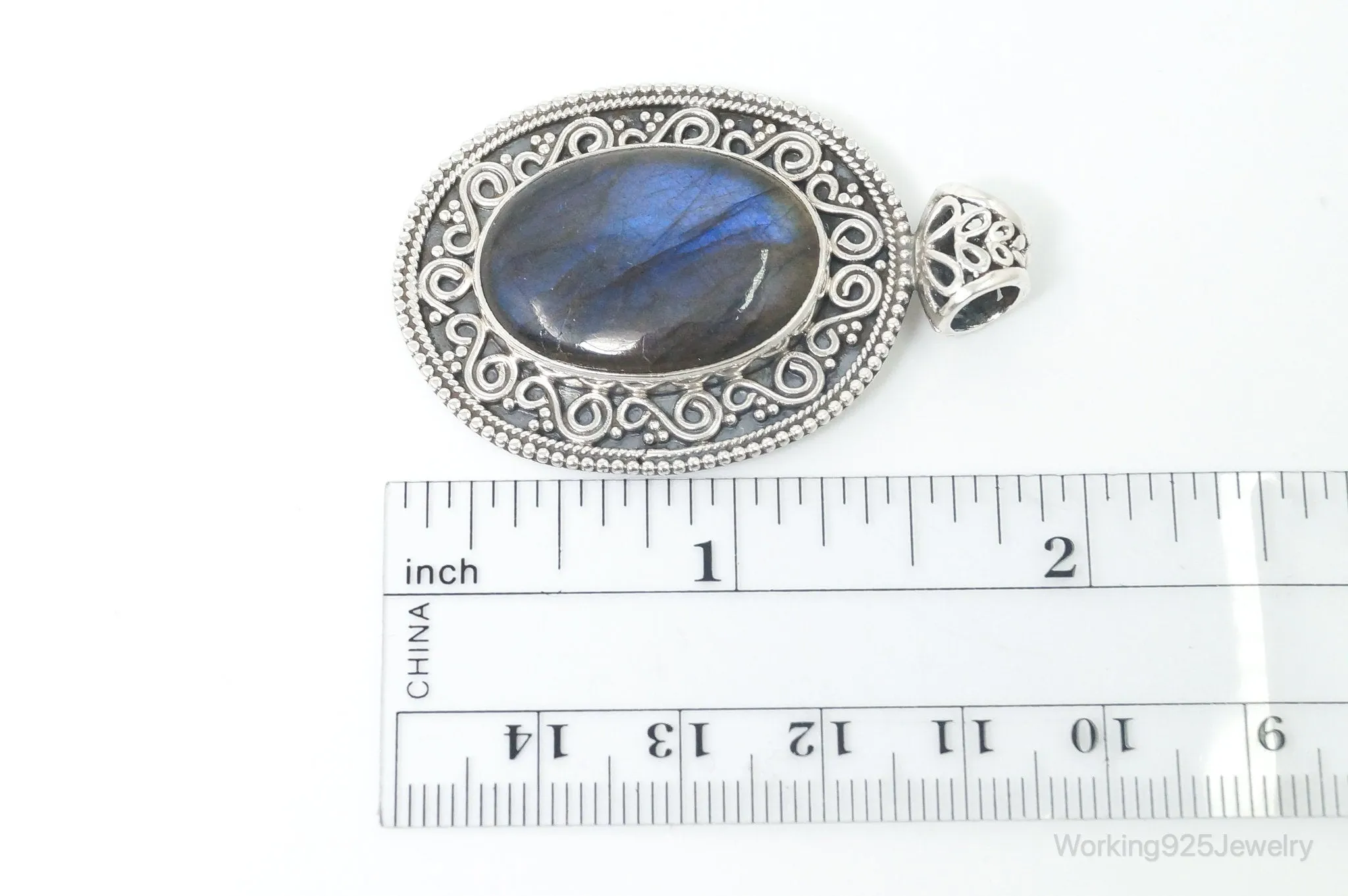 Vintage Large Labradorite Bali Sterling Silver Necklace Pendant