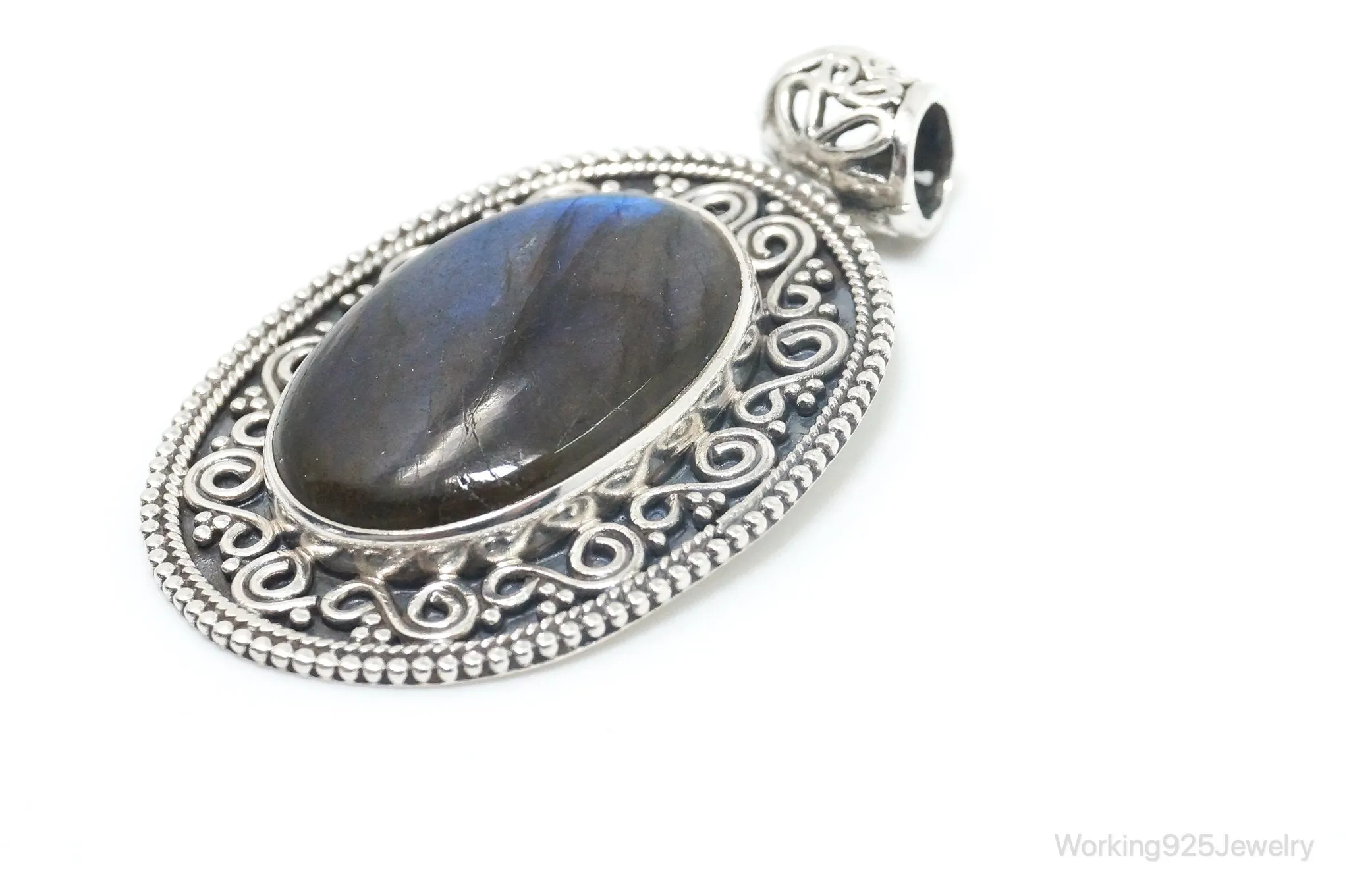 Vintage Large Labradorite Bali Sterling Silver Necklace Pendant