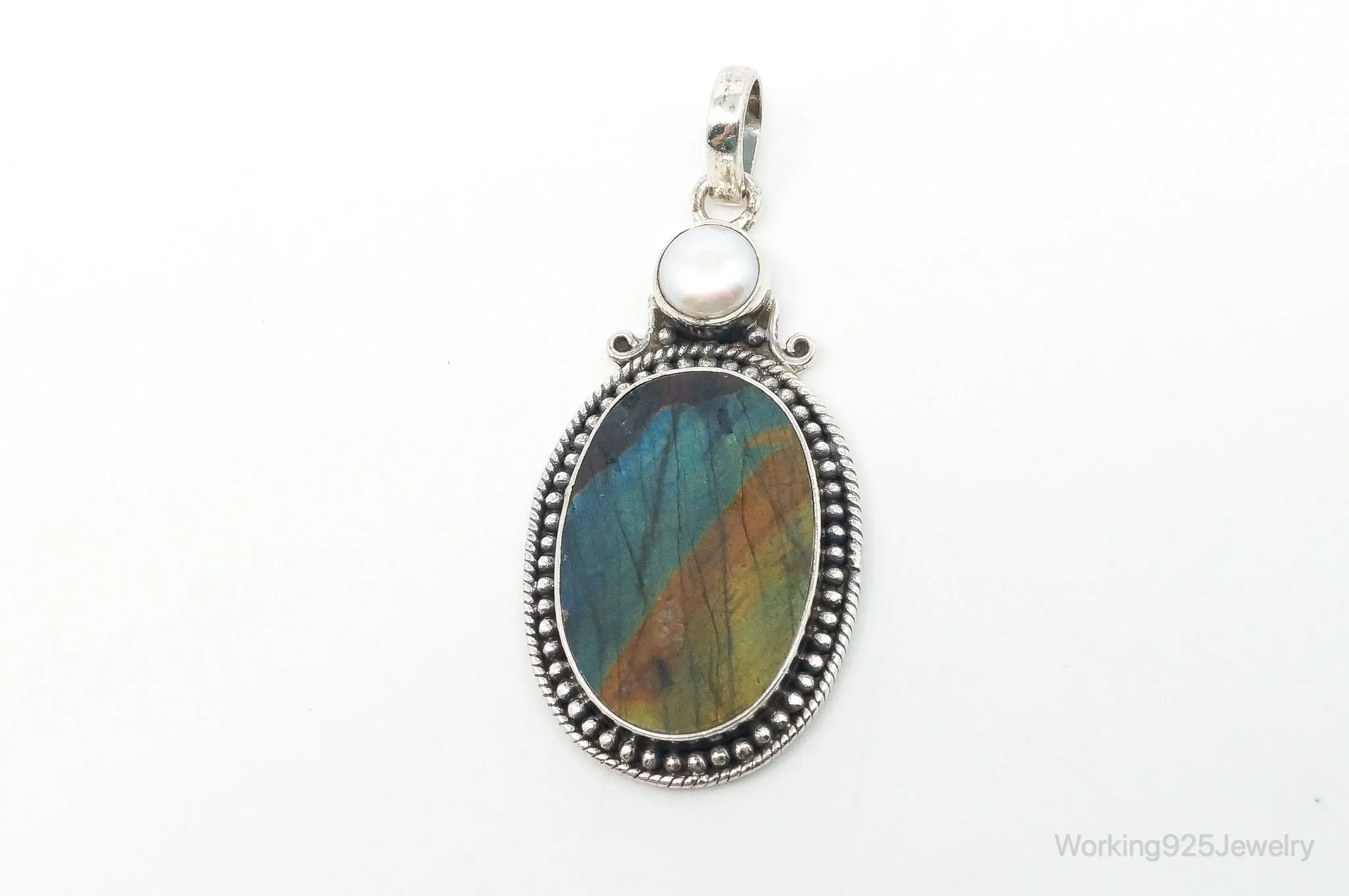 Vintage Large Labradorite Pearl Sterling Silver Necklace Pendant