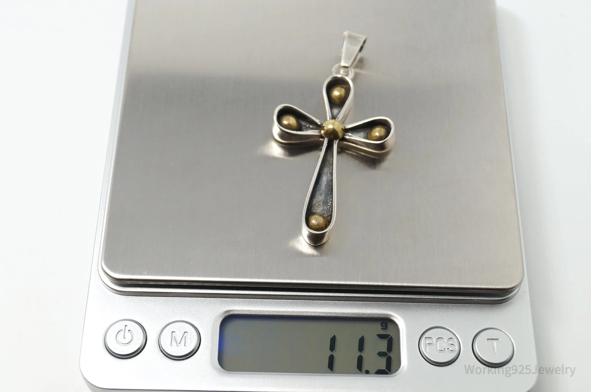 Vintage Large Taxco Mexico Cross Brass Sterling Silver Necklace Pendant