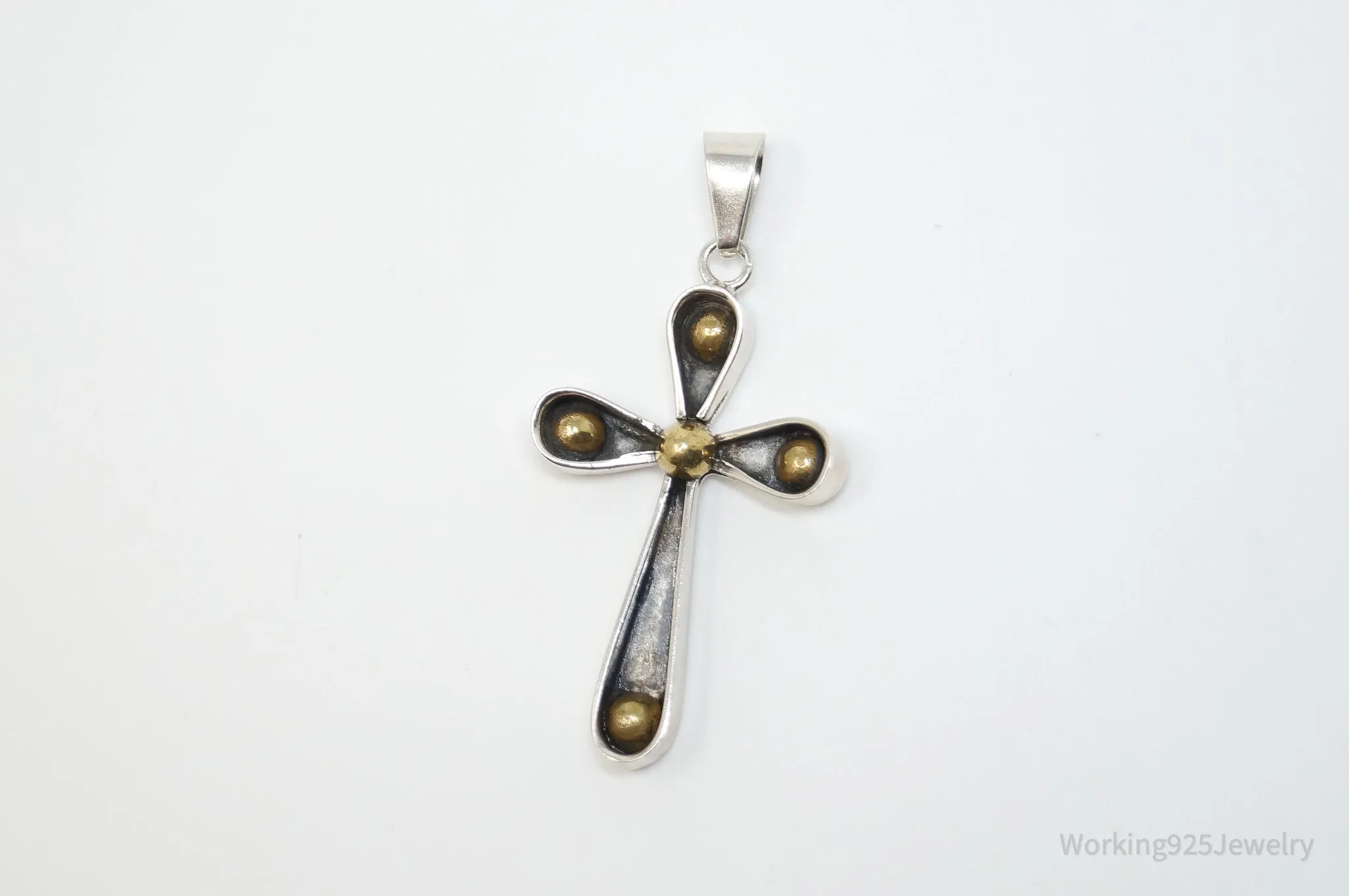 Vintage Large Taxco Mexico Cross Brass Sterling Silver Necklace Pendant