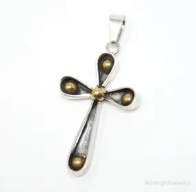 Vintage Large Taxco Mexico Cross Brass Sterling Silver Necklace Pendant