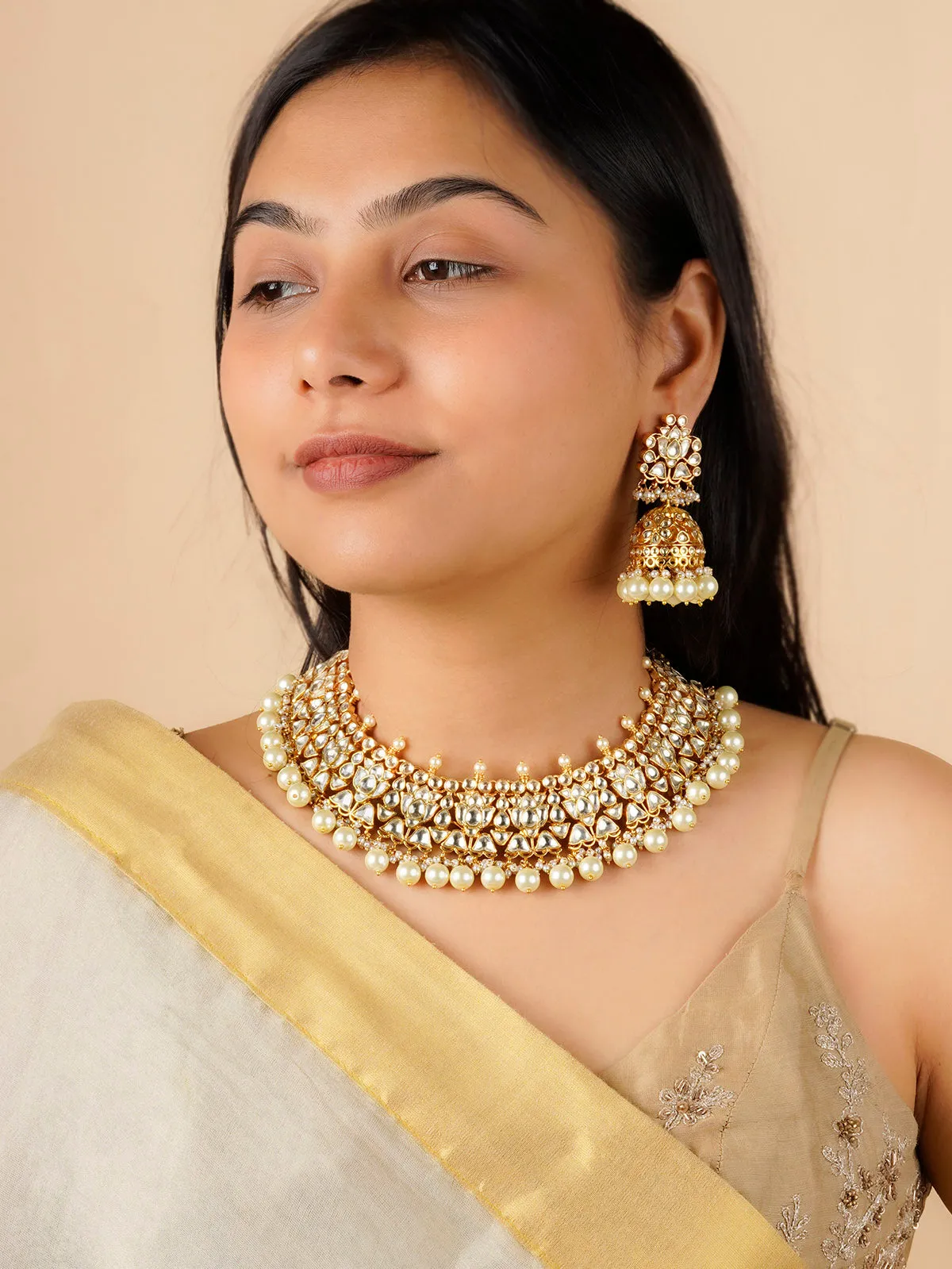 White Color Gold Plated Jadau Kundan Necklace Set - MS2034Y