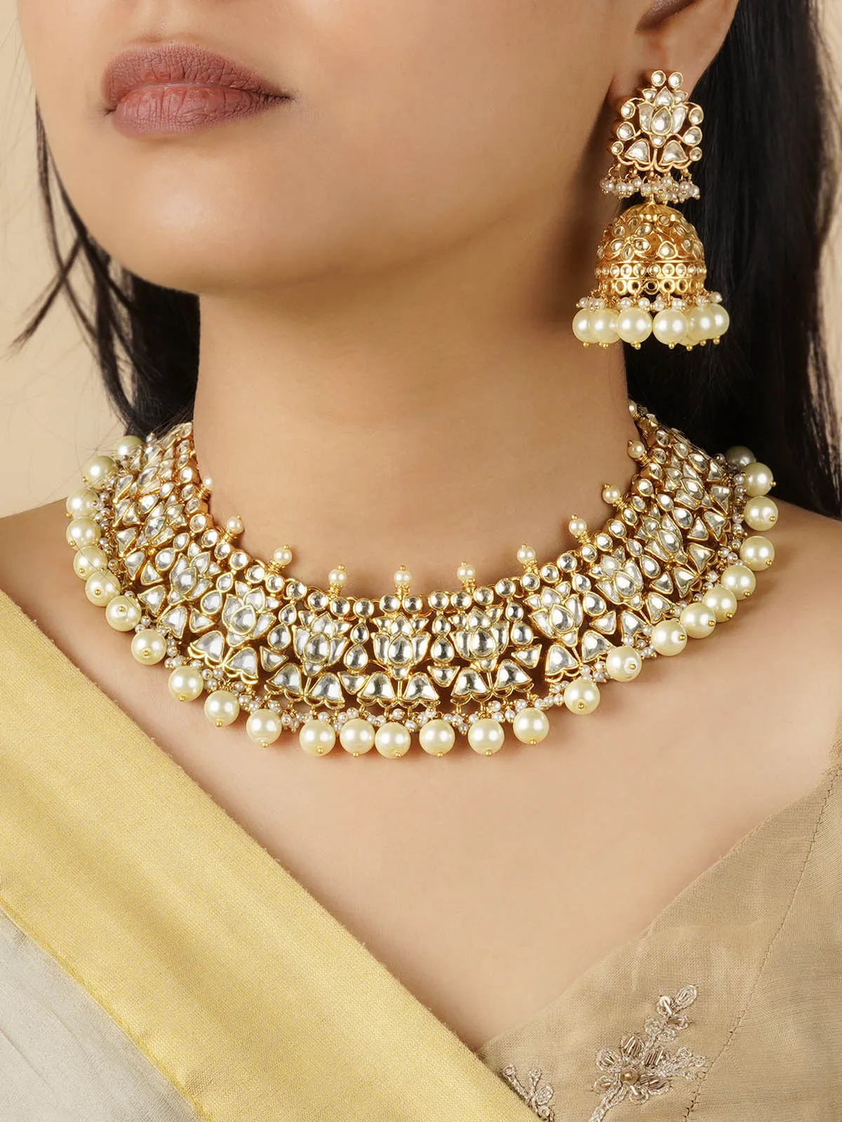 White Color Gold Plated Jadau Kundan Necklace Set - MS2034Y