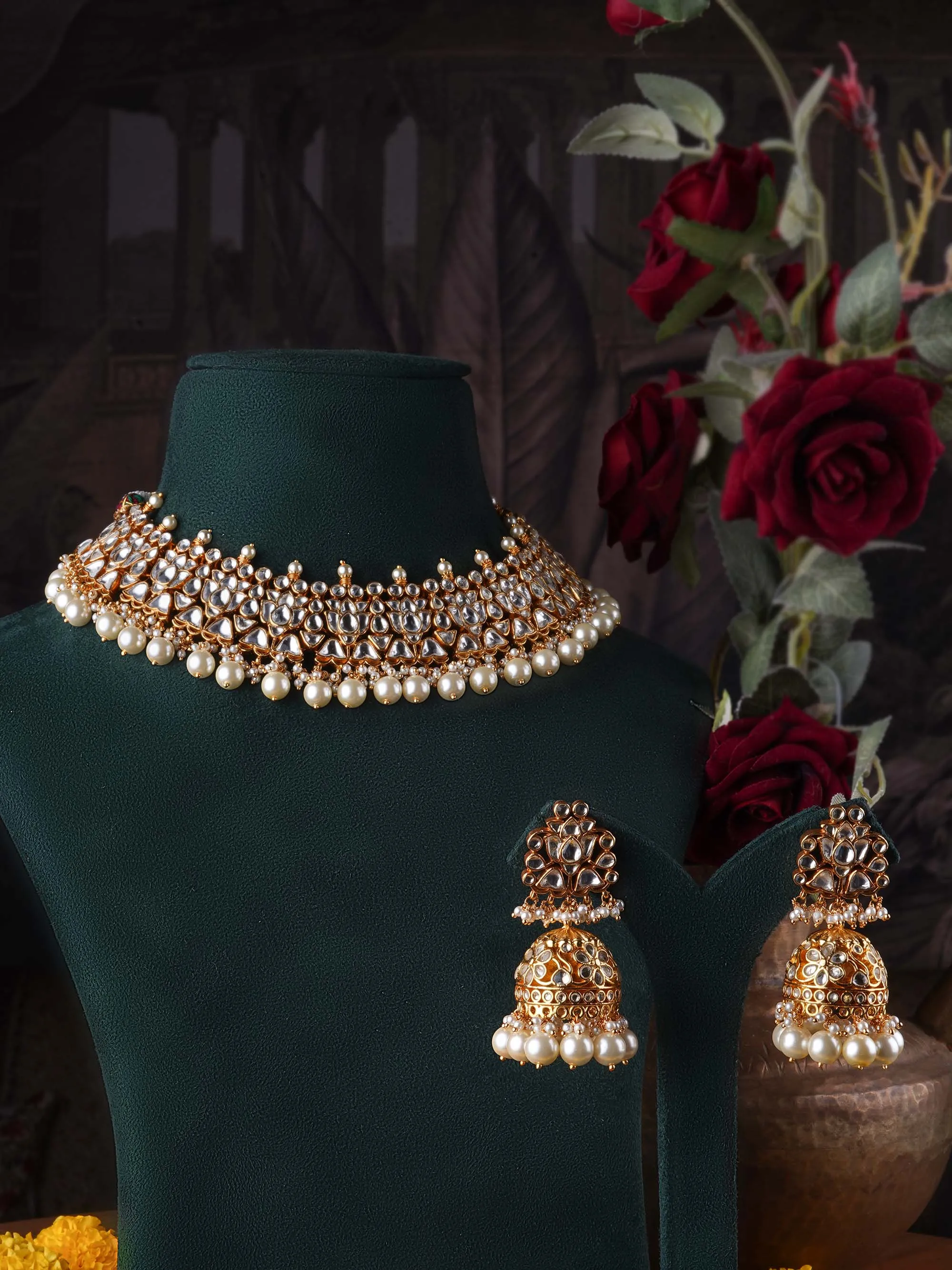 White Color Gold Plated Jadau Kundan Necklace Set - MS2034Y