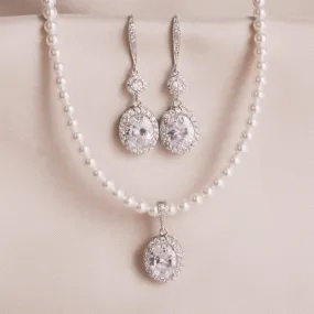 White Pearl Oval Cubic Zirconia Teardrop Earring & Necklace Set