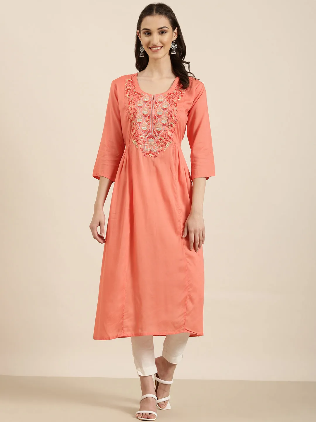 Women Coral Solid A-Line Kurta