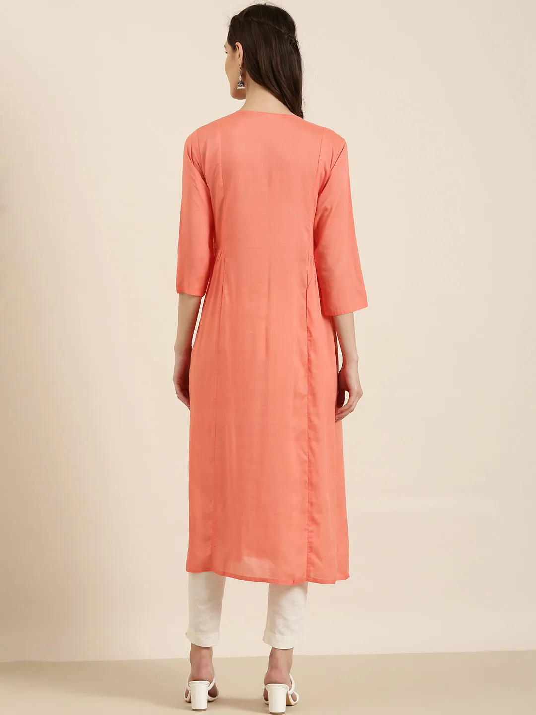 Women Coral Solid A-Line Kurta