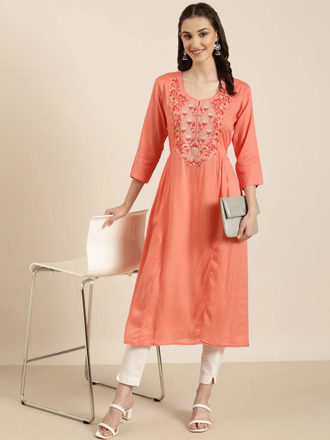 Women Coral Solid A-Line Kurta