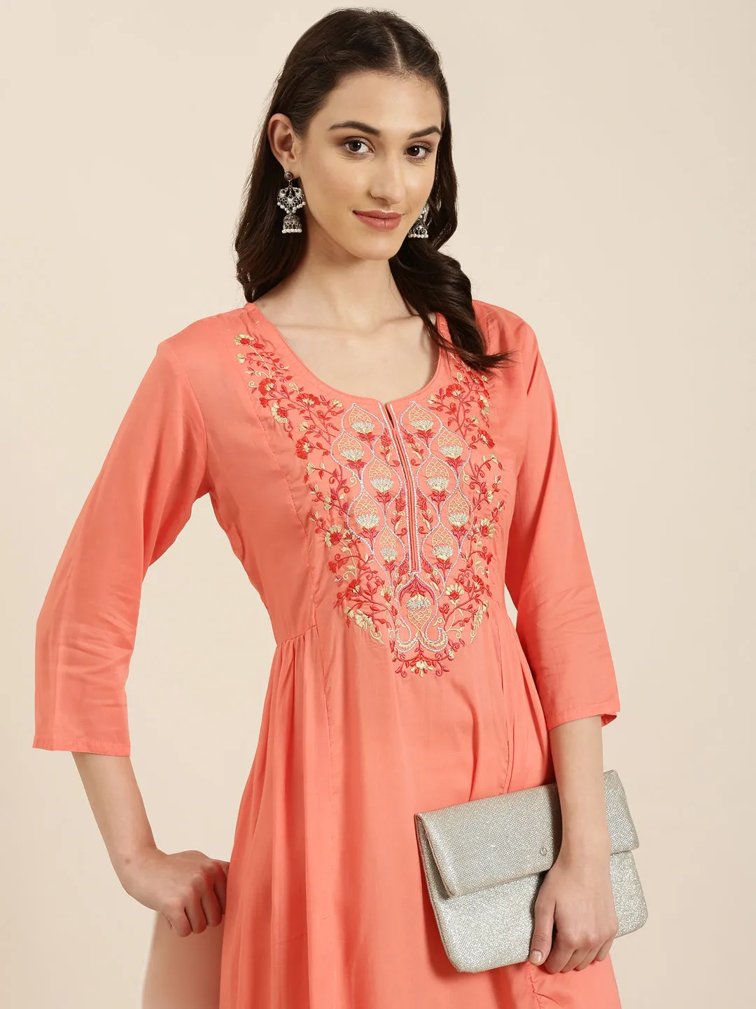 Women Coral Solid A-Line Kurta
