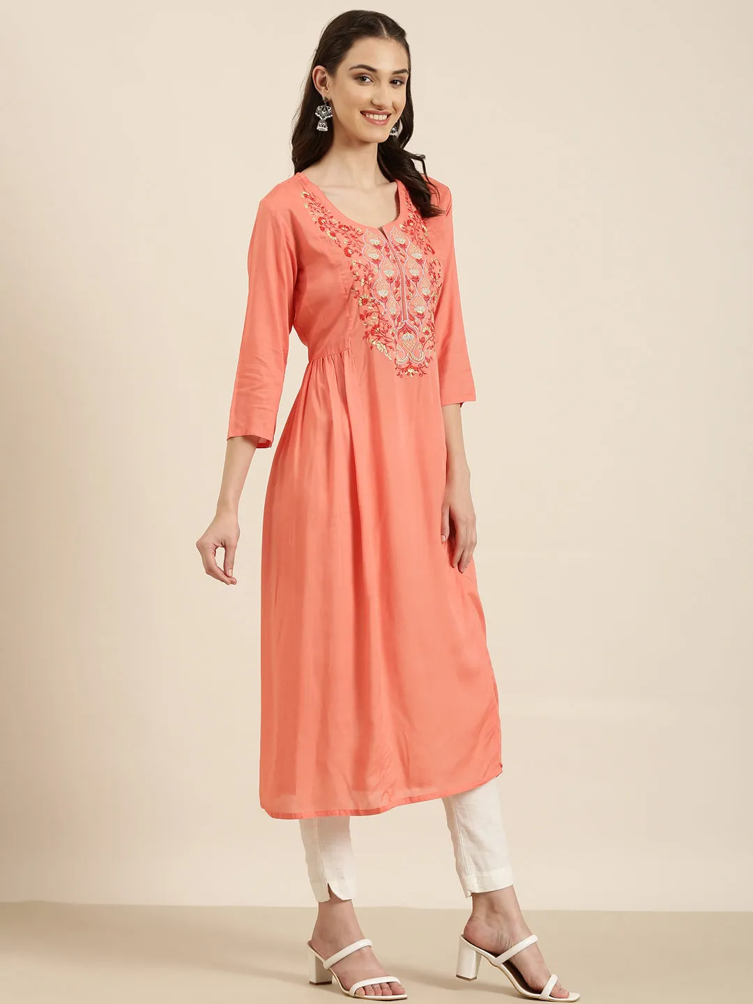 Women Coral Solid A-Line Kurta