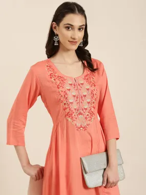 Women Coral Solid A-Line Kurta