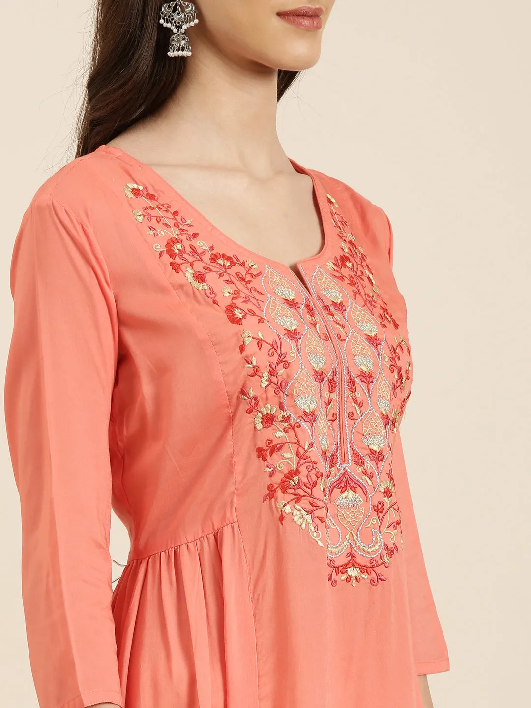 Women Coral Solid A-Line Kurta