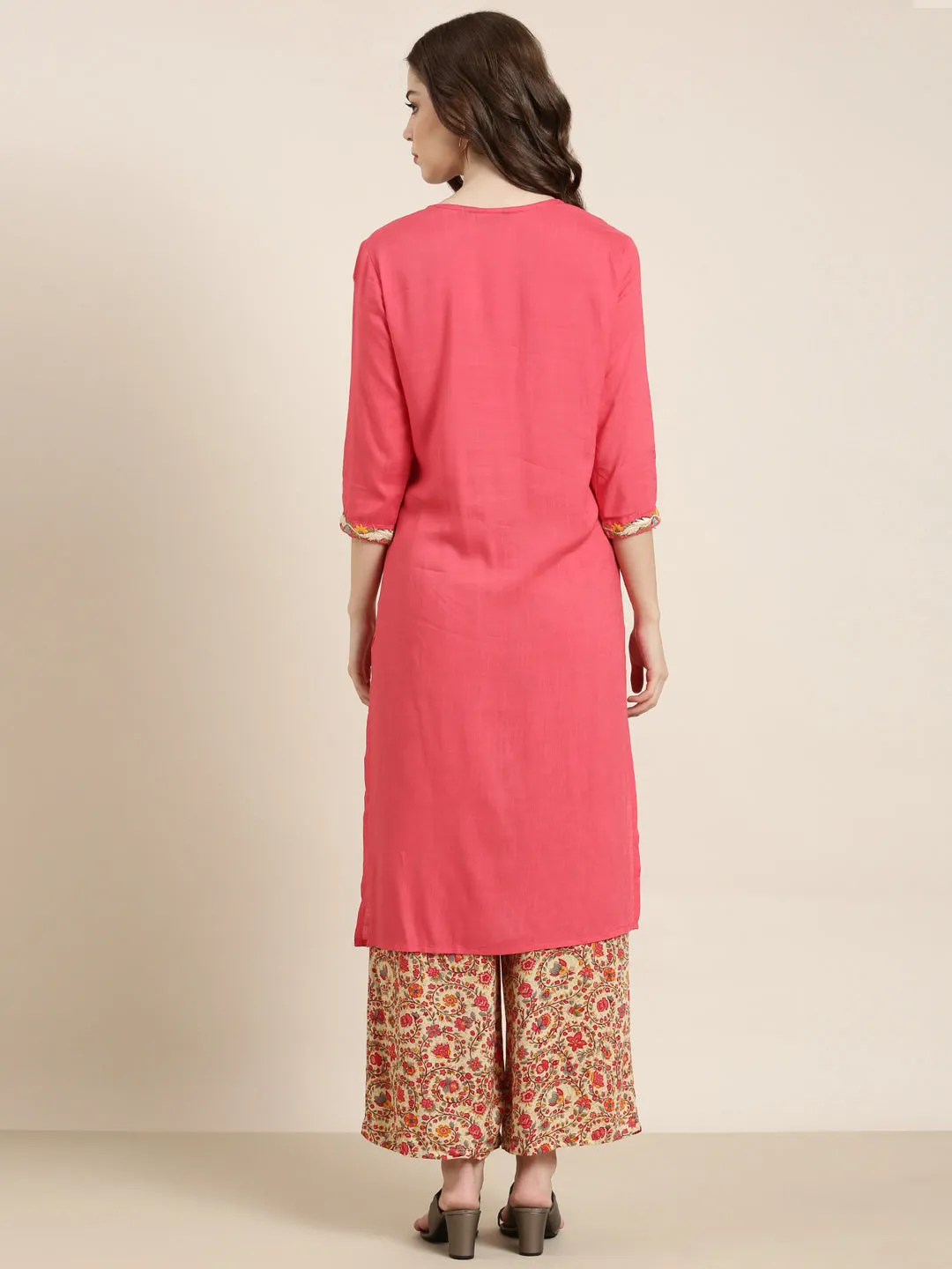 Women Coral Solid Kurta Set