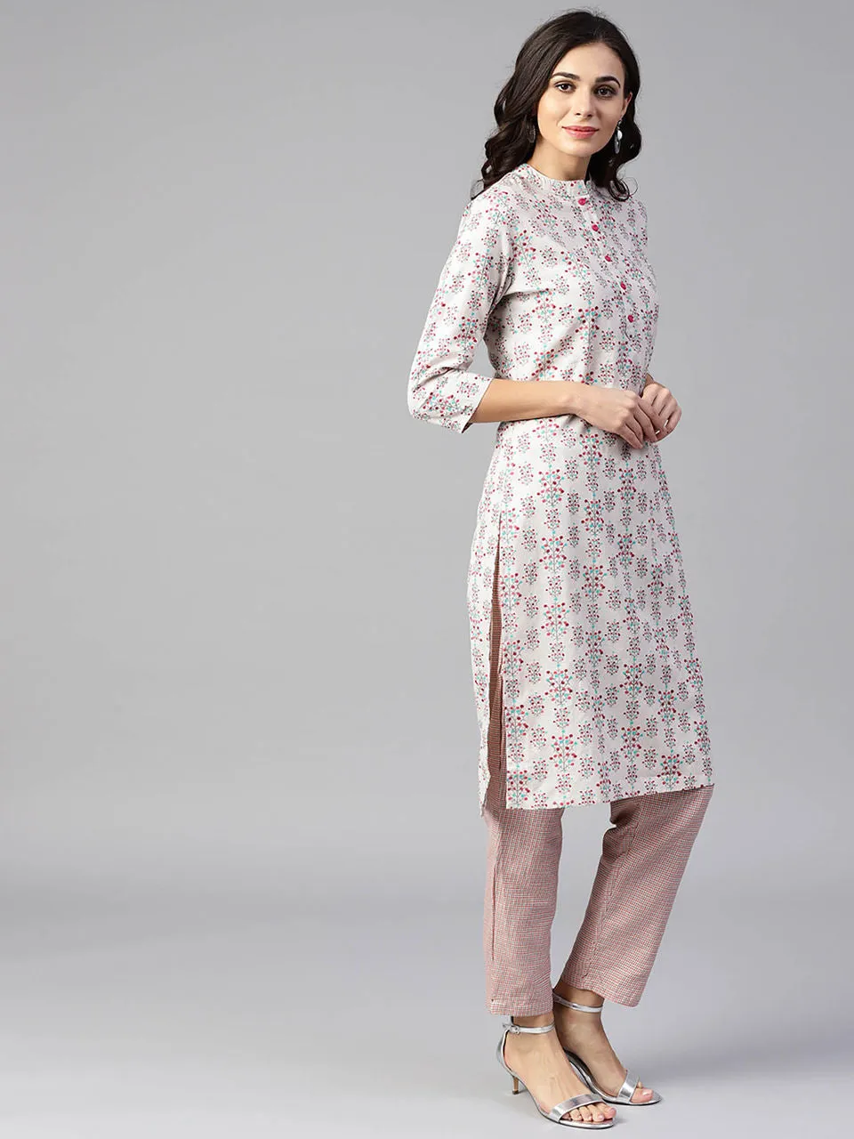 Women Grey & Coral Printed Kurta Set