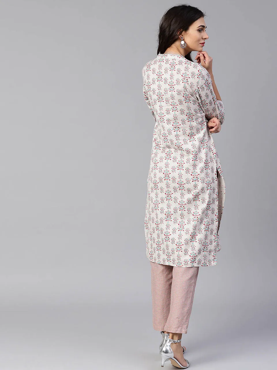 Women Grey & Coral Printed Kurta Set