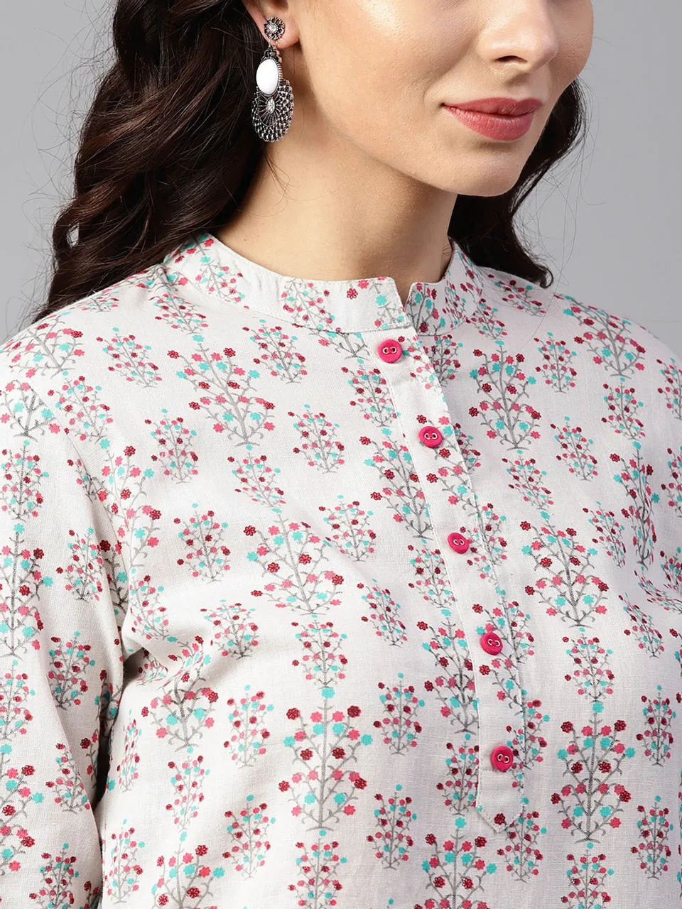 Women Grey & Coral Printed Kurta Set